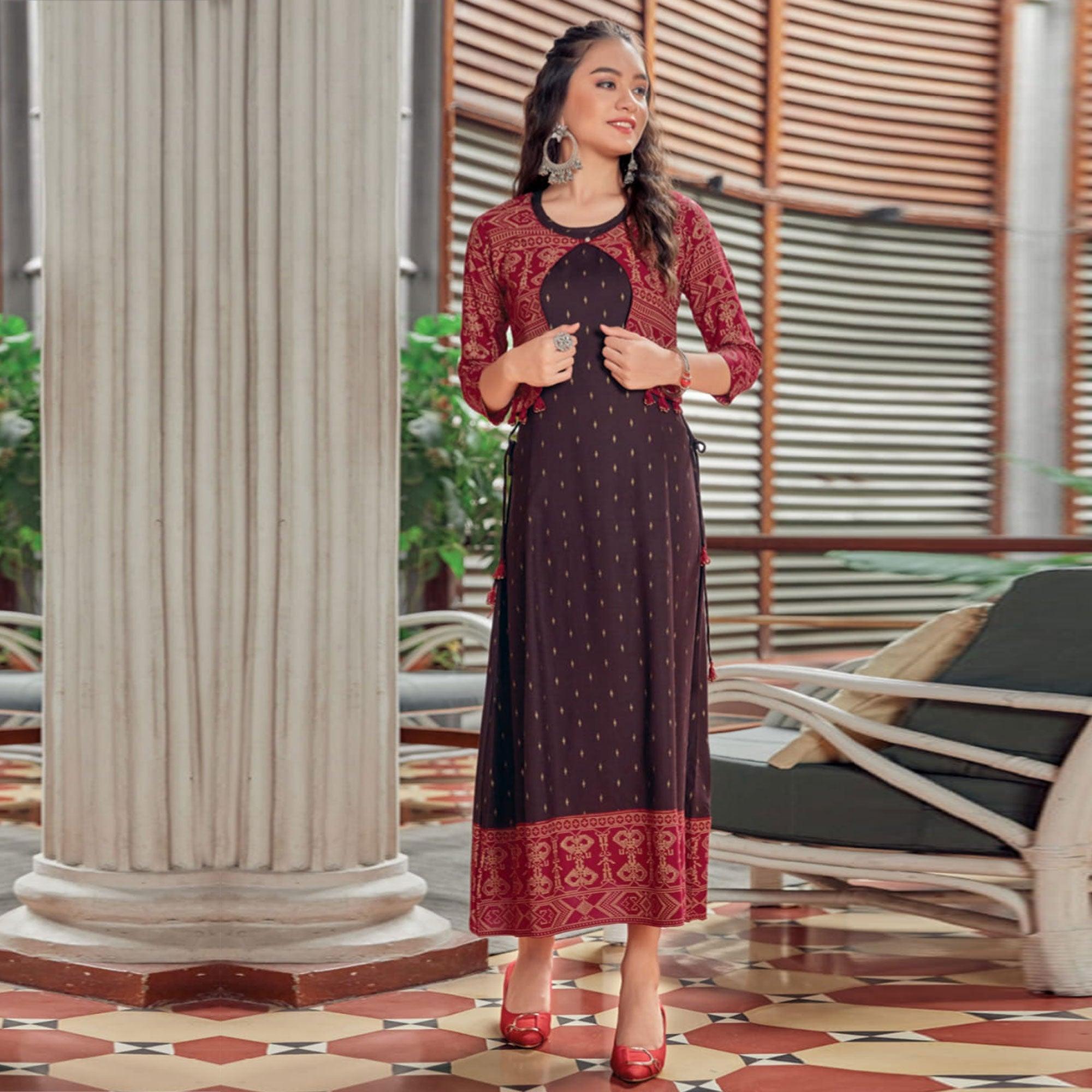 Peachmode Seller Brown Printed Rayon Anarkali Kurti - view 2