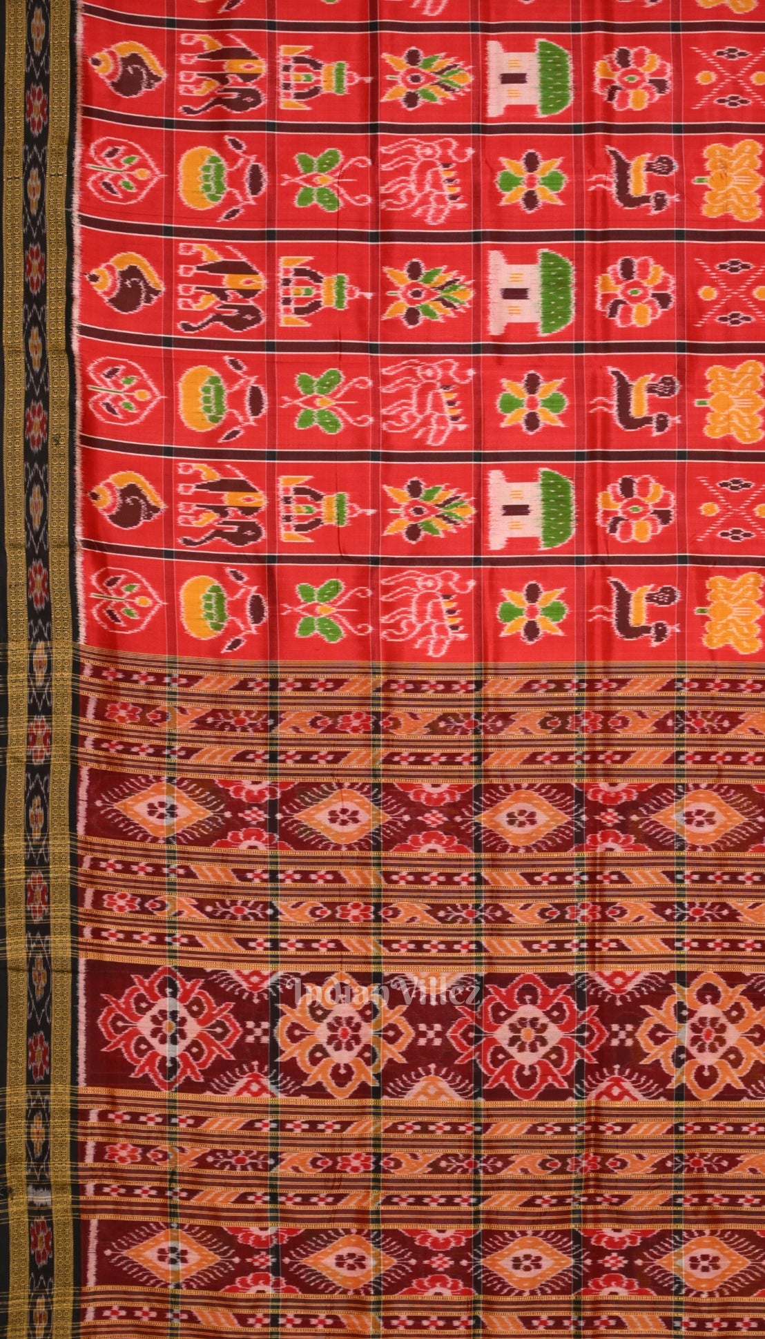 IndianVillèz Deep Red Black Nabakothi Khandua Silk Saree - view 2