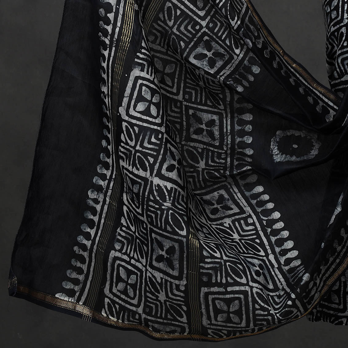 BATIK BY MD. SHARIFF Black - 3pc Hand Batik Printed Chanderi Silk Suit Material Set - view 4
