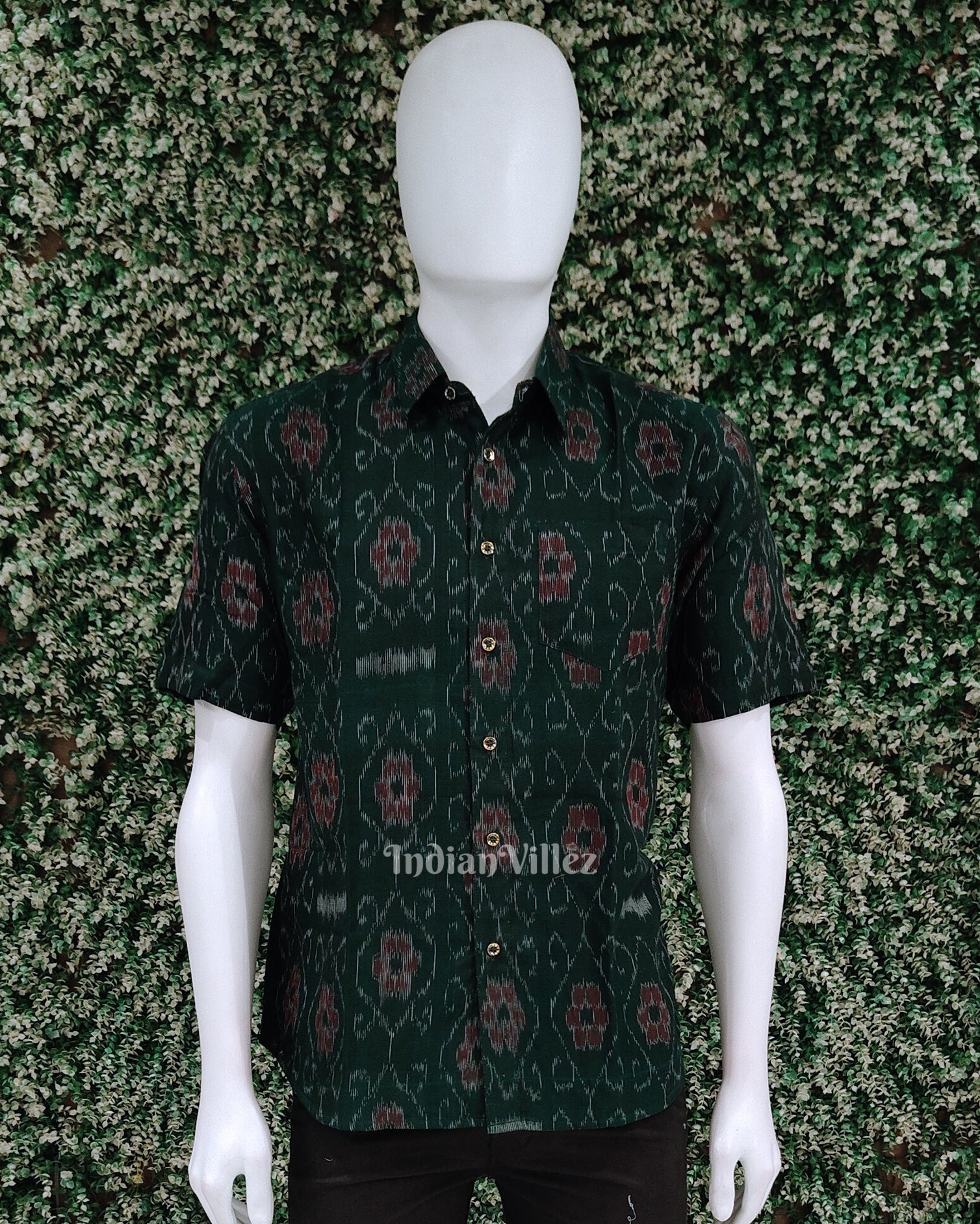 IndianVillèz Green Pasapali Flower Odisha Ikat Cotton Half Sleeve Shirt for Men