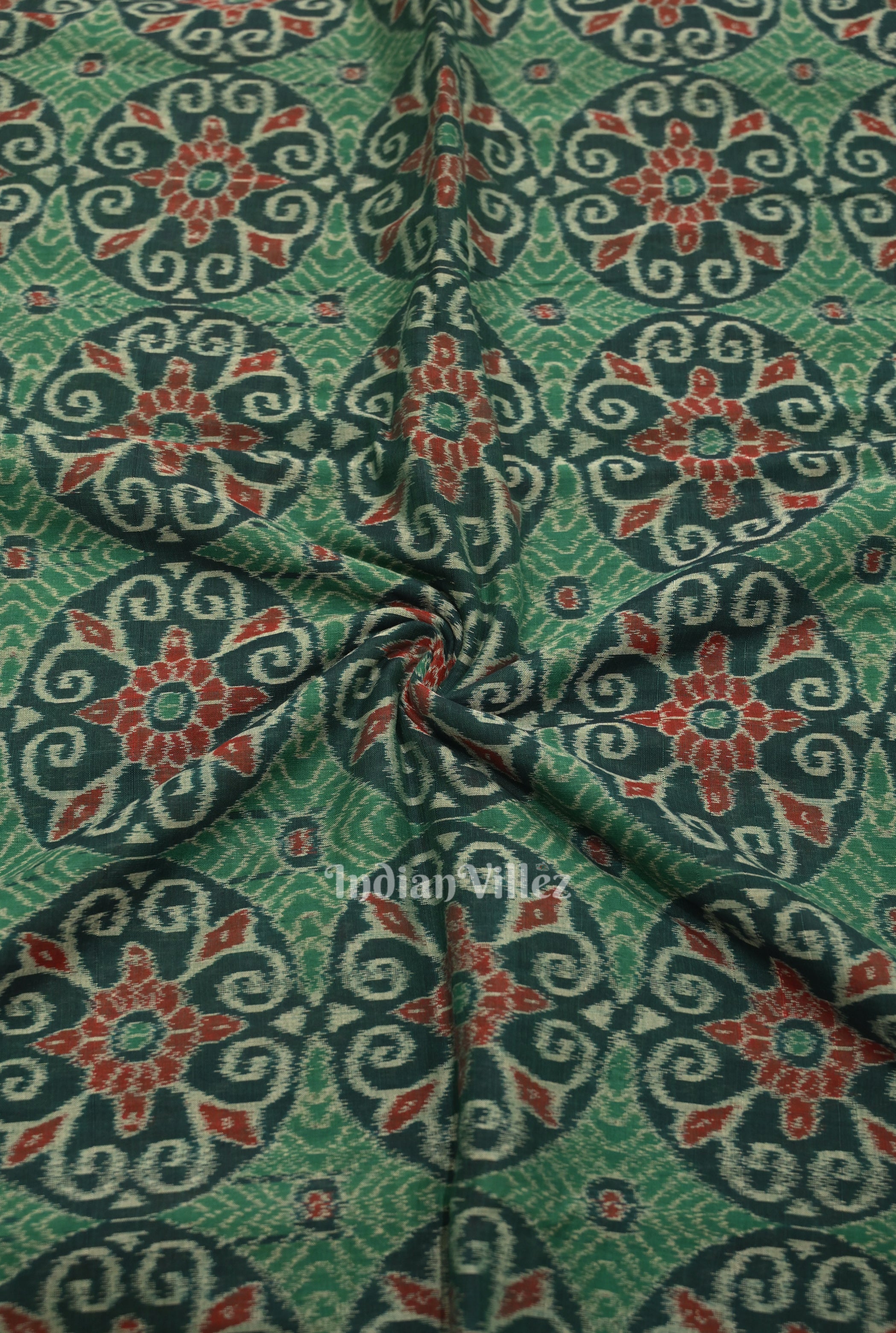 IndianVillèz Green Flower Motif Sambalpuri Ikat Cotton Fabric