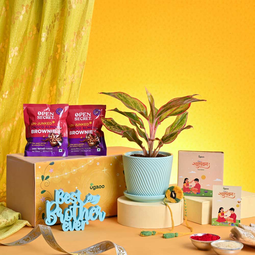 Ugaoo Rakhi Gift for Brother - Agalonema Red with Best Brother Momento and Brownie