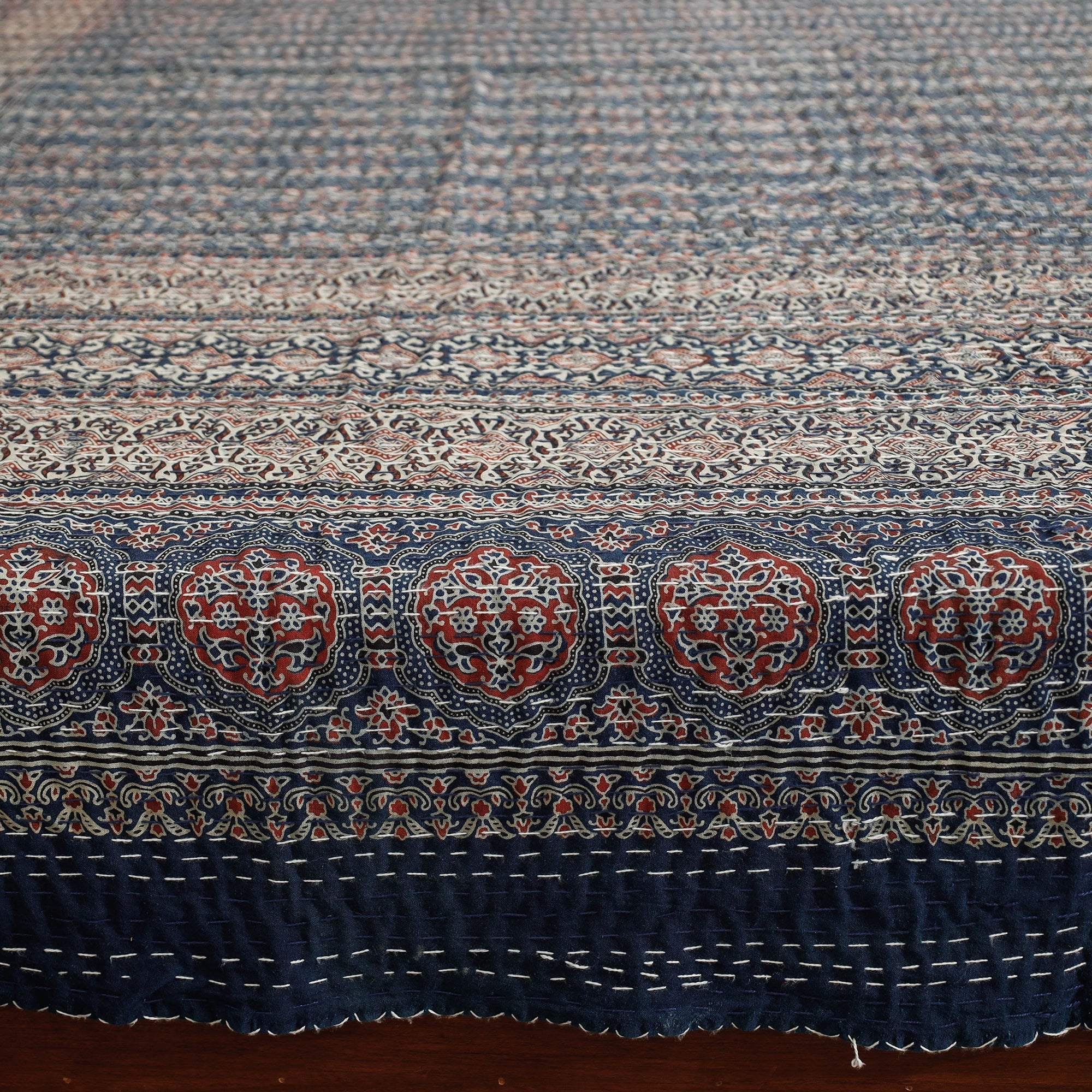 SHADES OF MARUDHARA Blue - Ajrakh Block Printed Kantha Work Cotton Double Bed Cover (105 x 90 in) - view 2