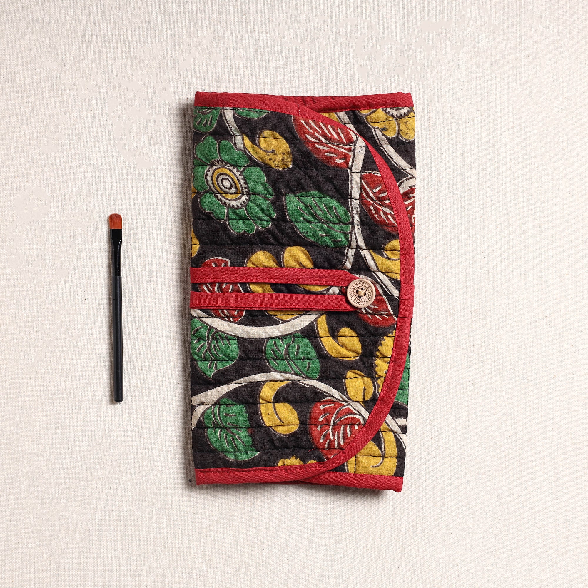 NOORI BAZAR Black - Kalamkari Fabric Multipurpose Segmented Make-up Brush Wrap Pouch/Case - view 2