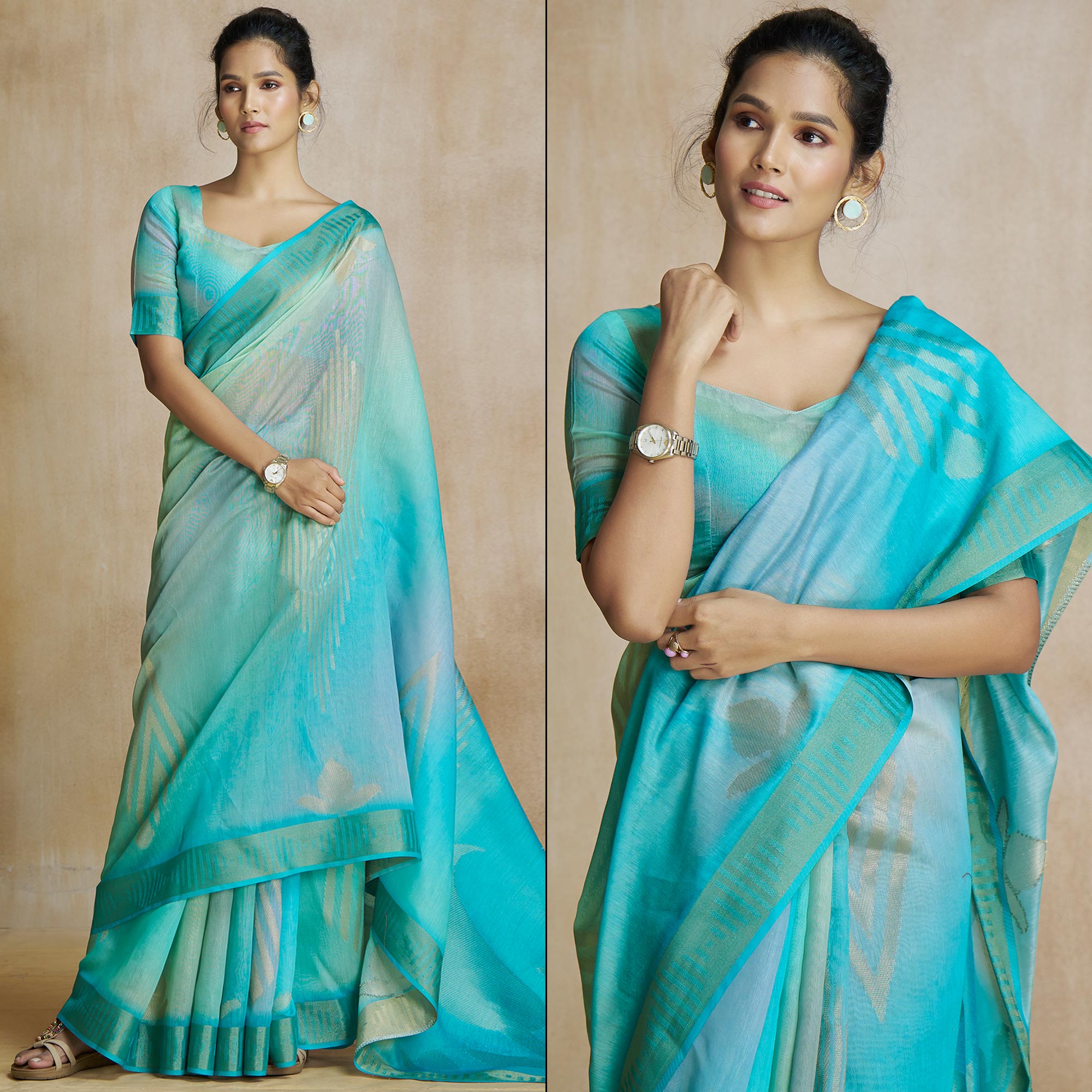 Peachmode Turquoise Digital Printed With Woven Pure Silk Ombre Saree