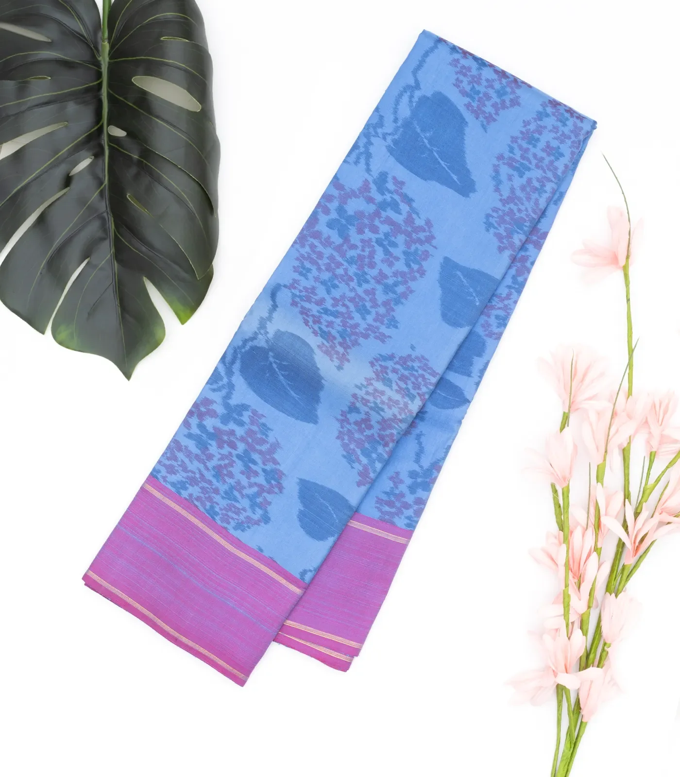 RmKV Silks Blue Handloom Kanchipuram Silk Saree With Floral Motifs & Purple Border