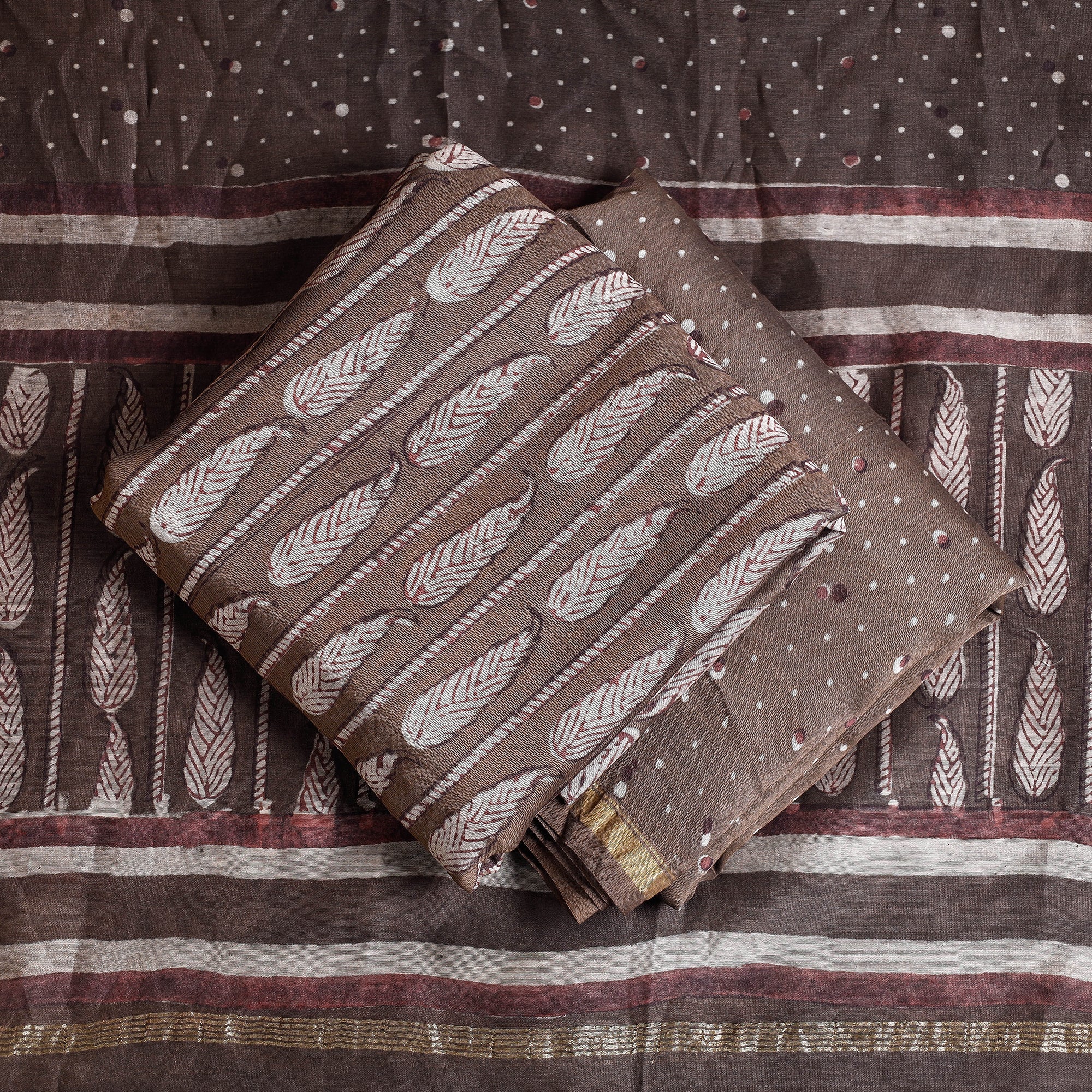HAVELI CHRONICLES Brown - 3pc Akola Block Printed Chanderi Silk Suit Material Set - view 2