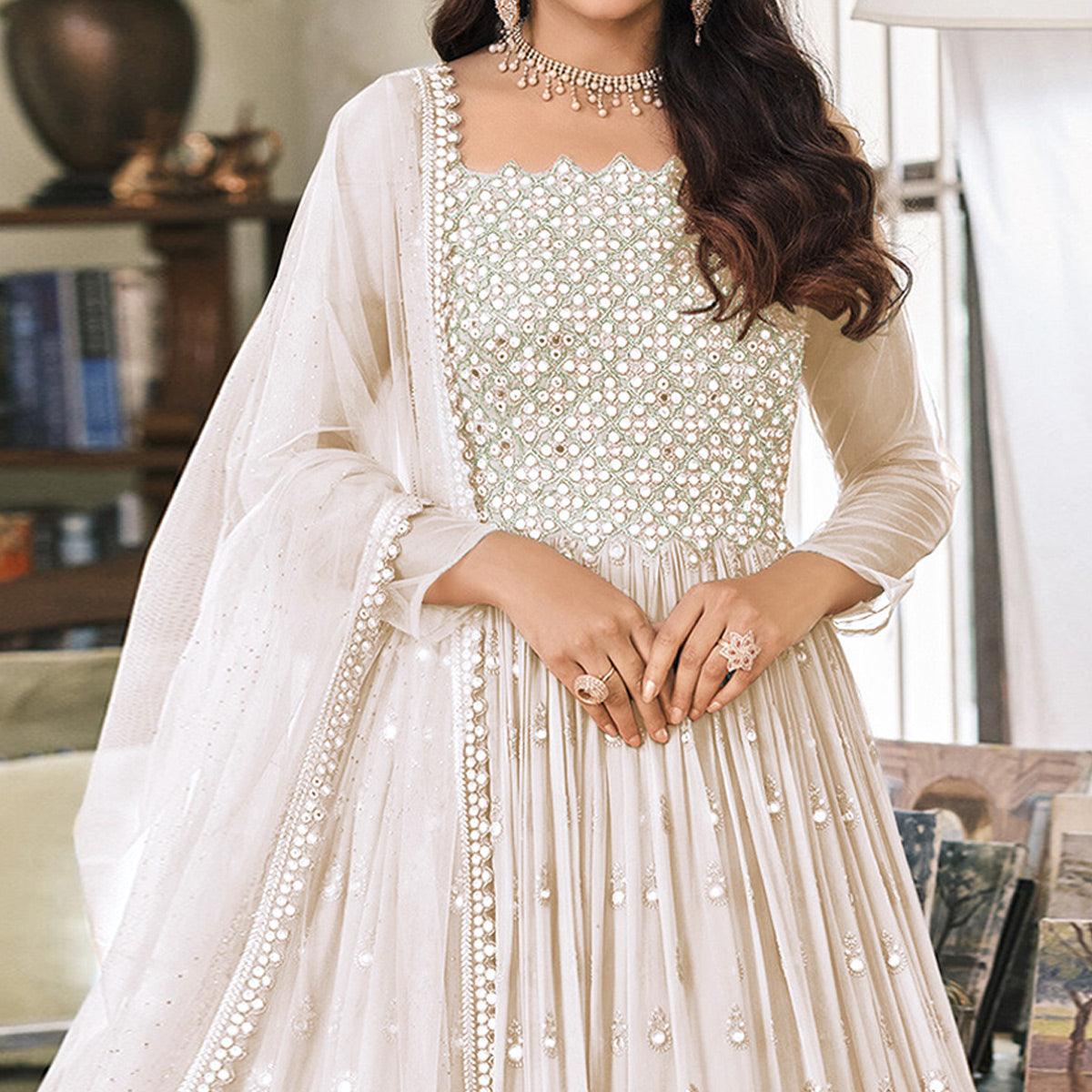 Peachmode Cream Embroidered Georgette Gown - view 3