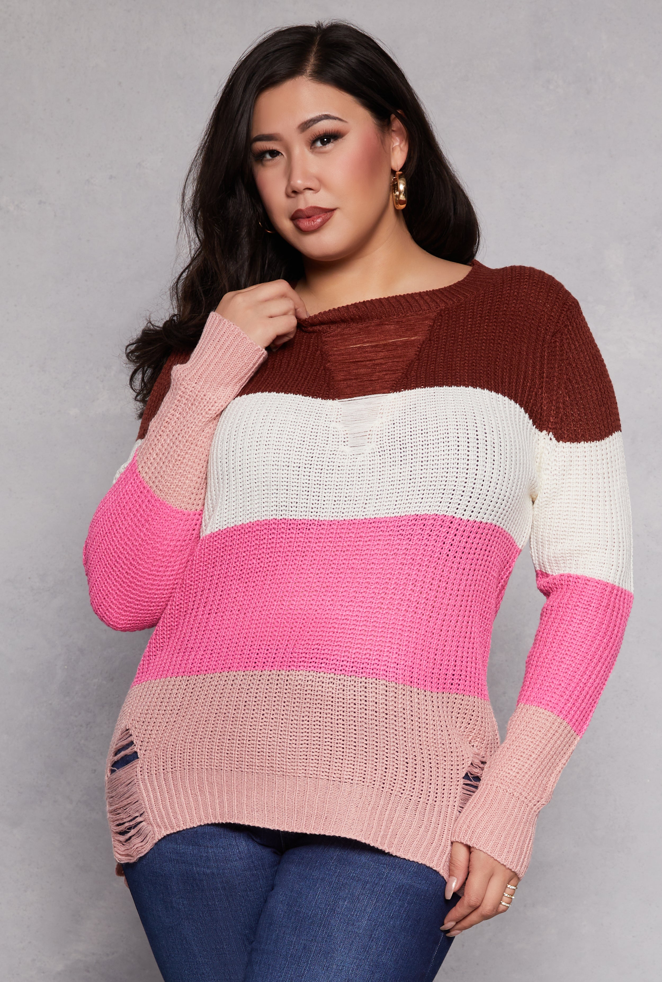 Rainbow Shops Plus Size Striped Distressed Long Sleeve Sweater