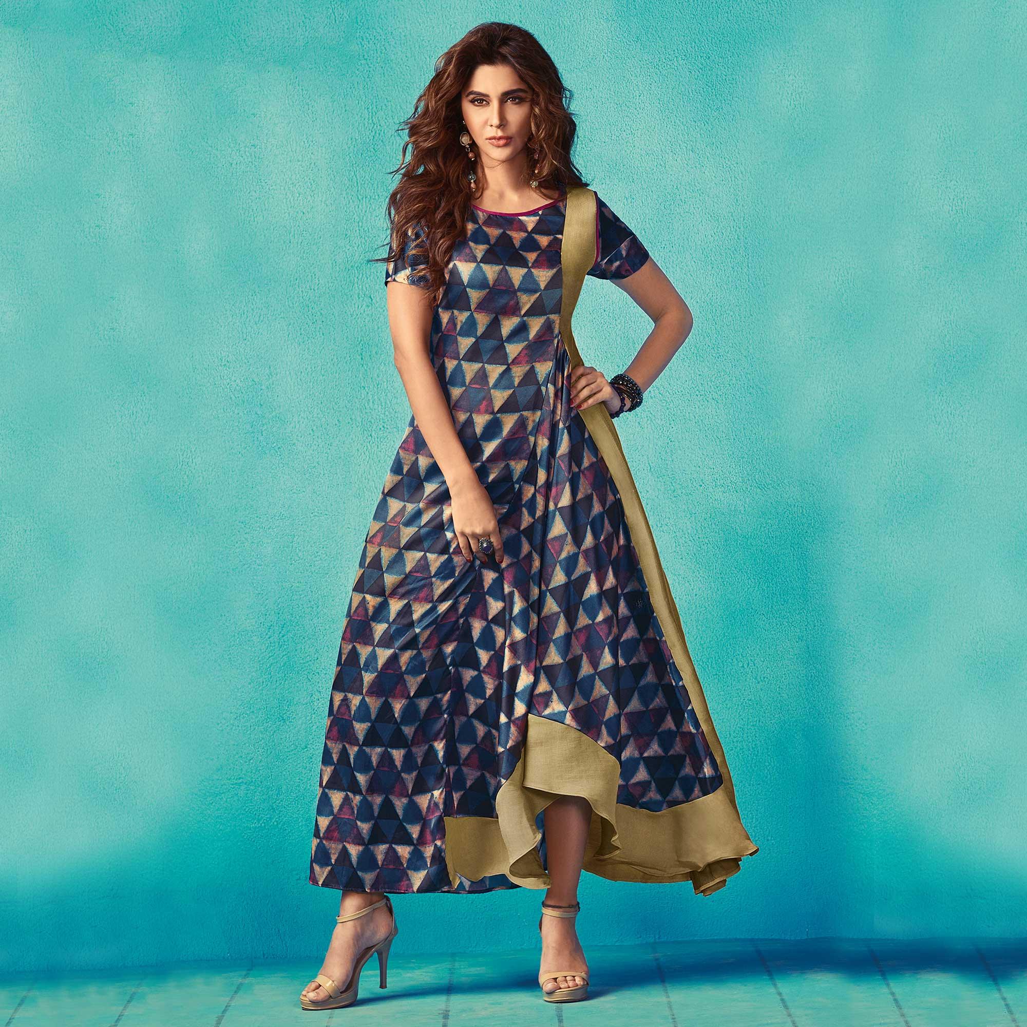 Peachmode Seller Marvellous Blue Colored Partywear Printed Satin Kurti