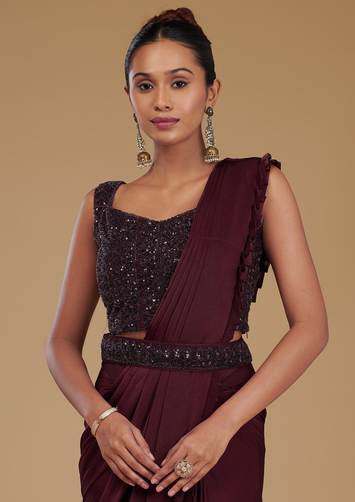 Koskii Wine Cutdana Satin Readymade Saree – Women's - view 2