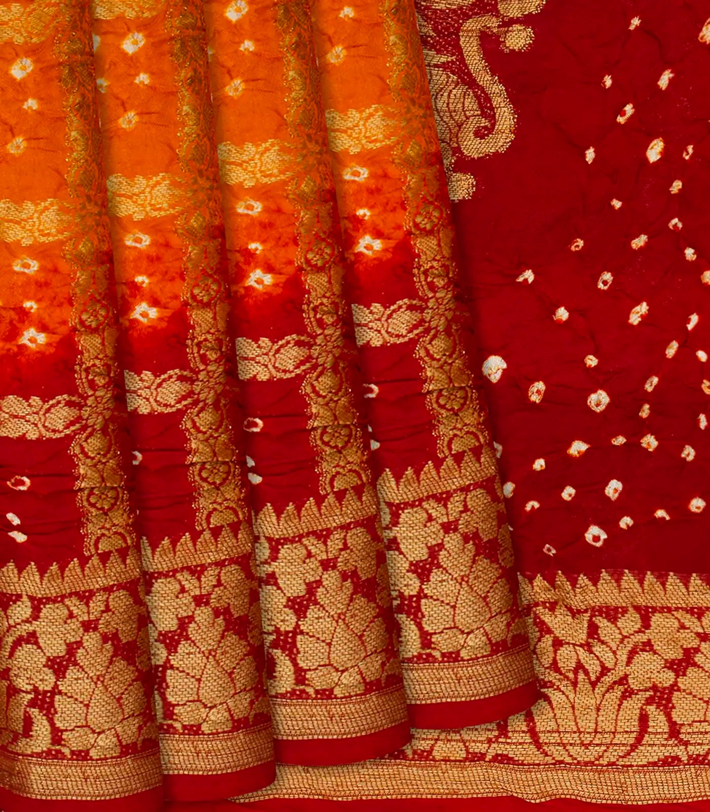 RmKV Orange & Crimson Woven Blended Bandhej Saree With Checks-Orange