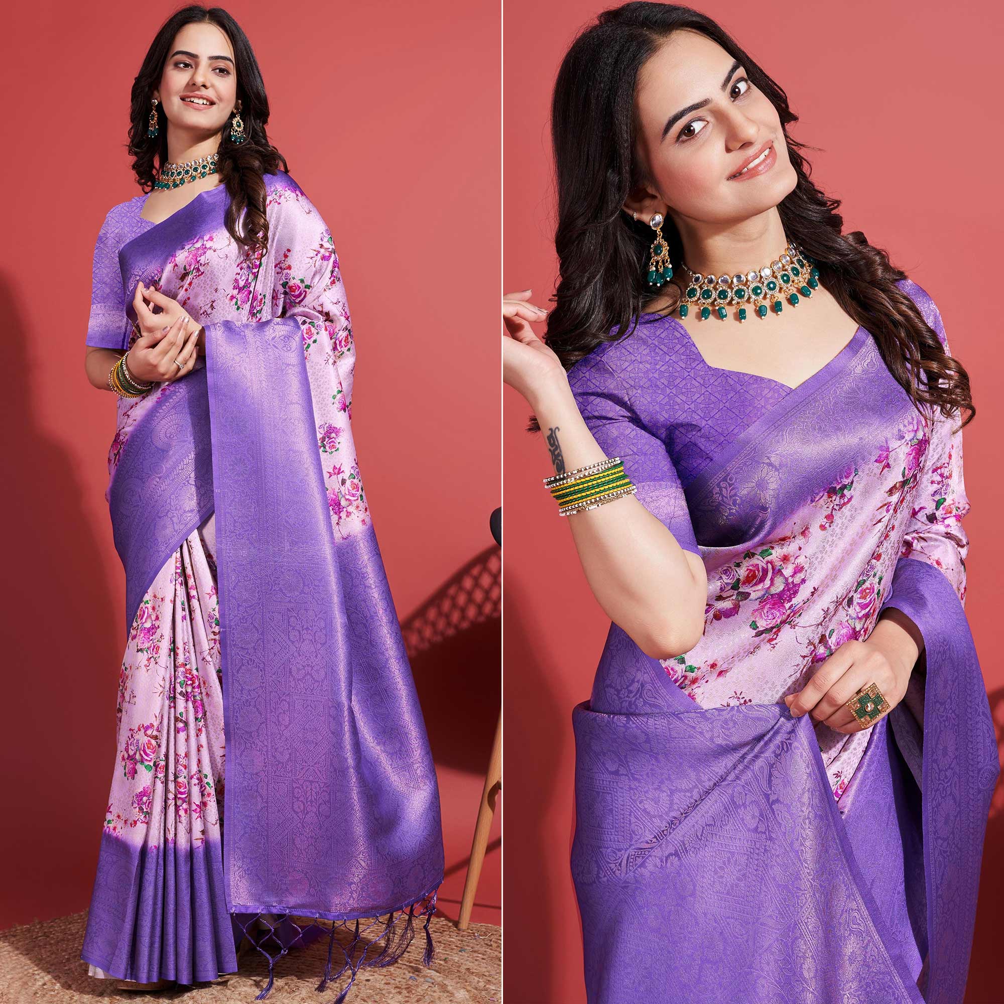Peachmode Lavender Floral Digital Printed With Woven Banarasi Silk Saree