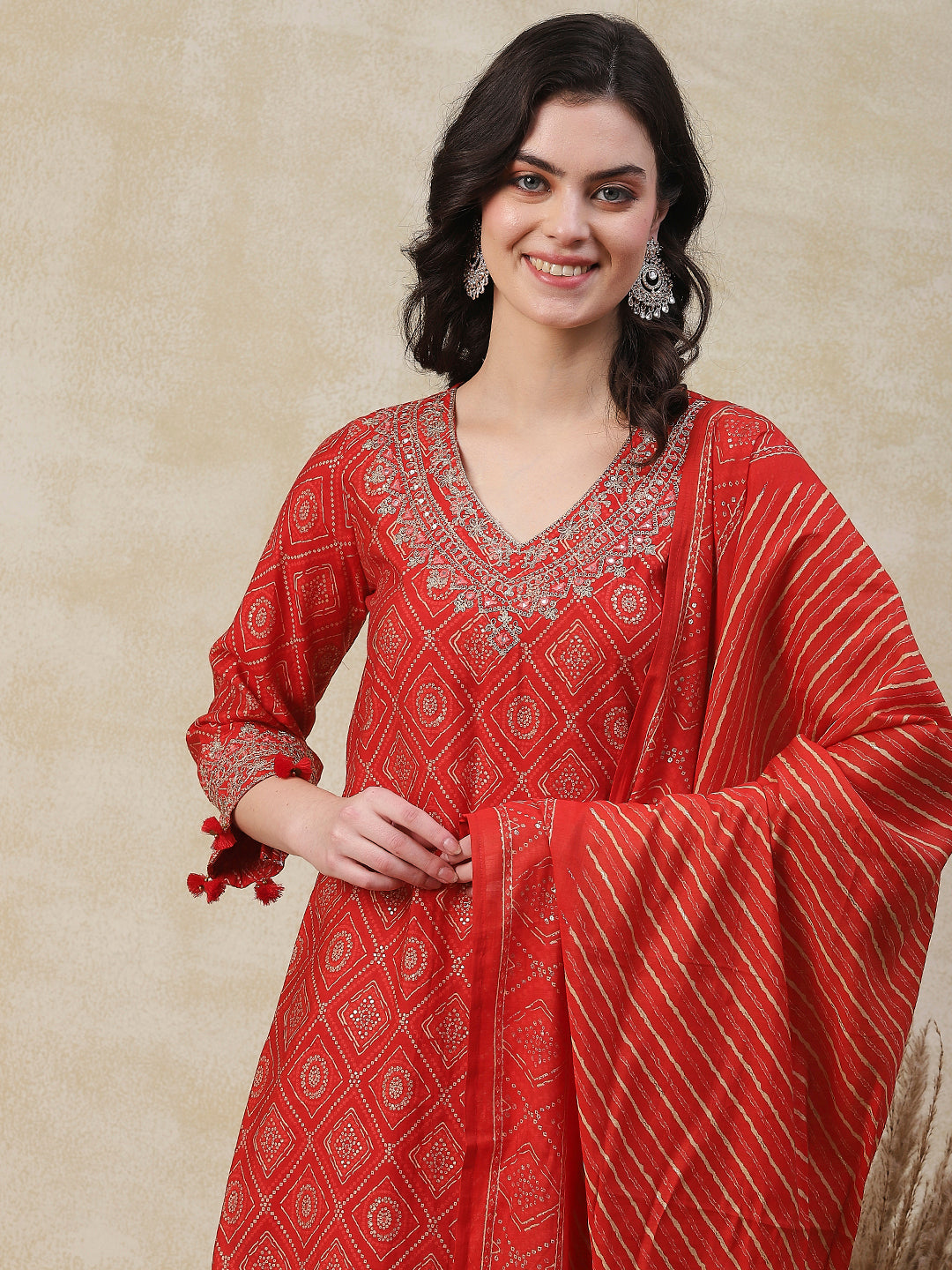 Fashor Ethnic Printed Zari, Sequins & Mirror Embroidered Kurta with Pants & Dupatta - Orange - view 2
