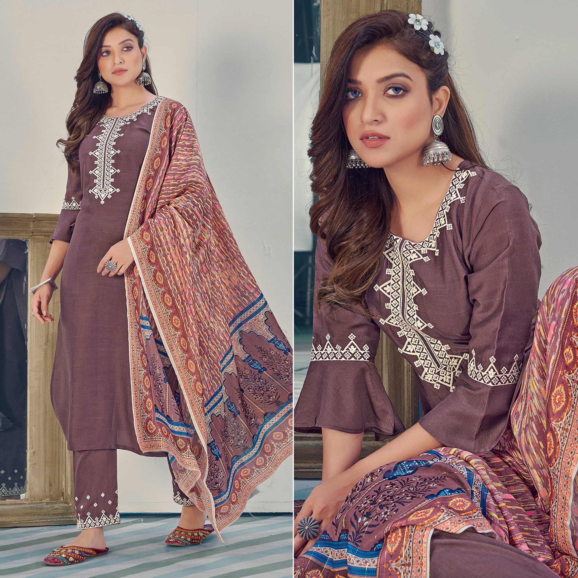 Peachmode Seller Mauve Embroidered With Embellished Chiffon Kurti Pant Set With Dupatta