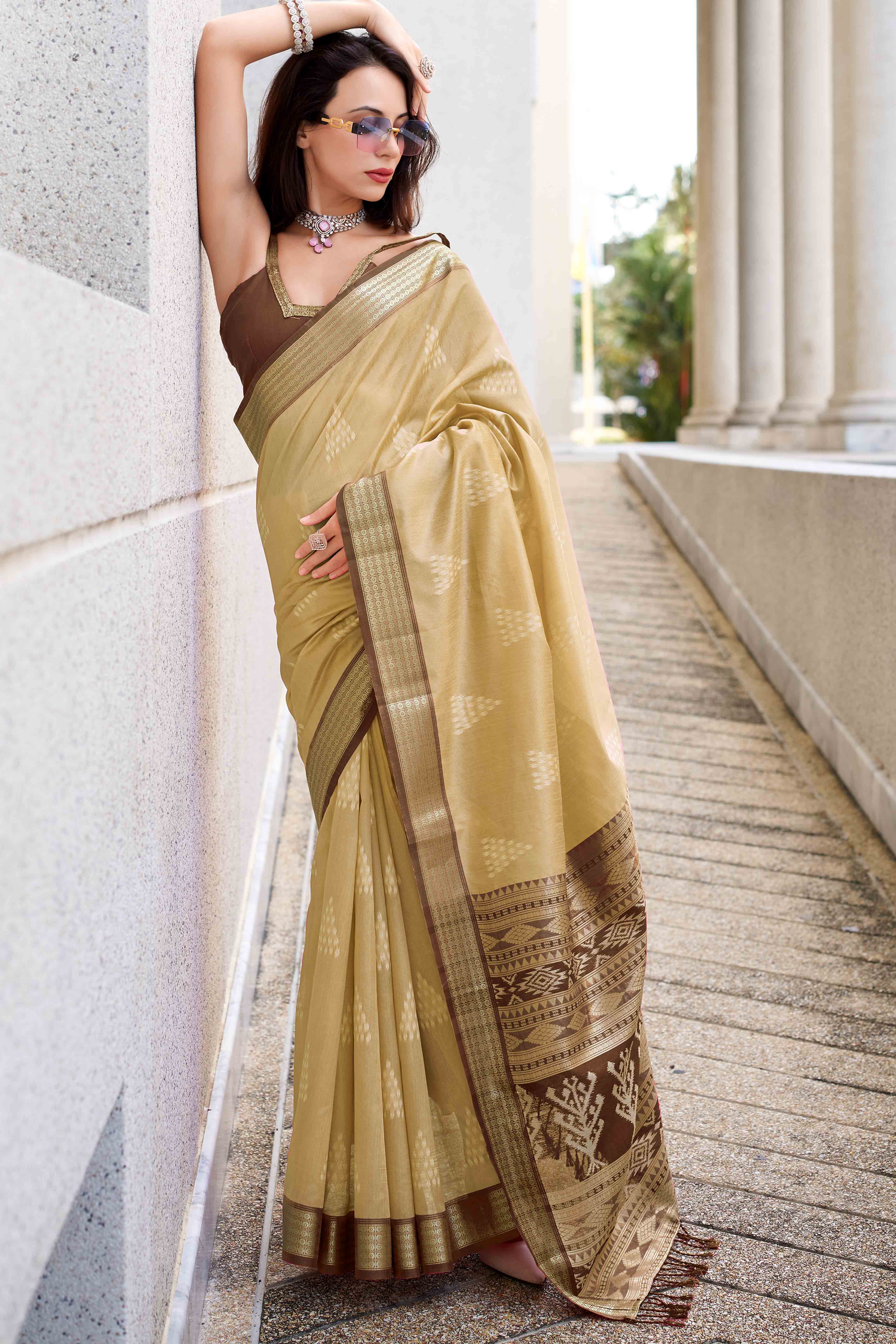 Peachmode Cream Ikkat Woven Rayon Silk Saree – Women's
