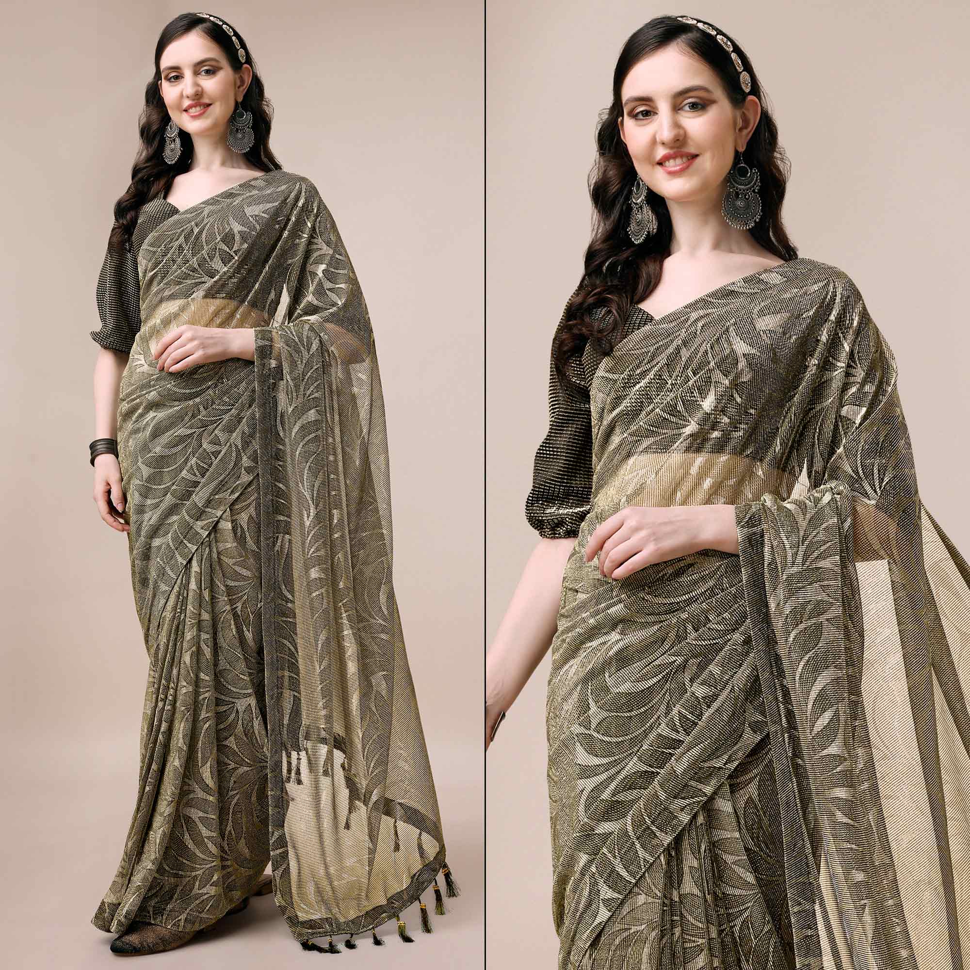 Peachmode Mehendi Green Floral Printed Rayon Saree