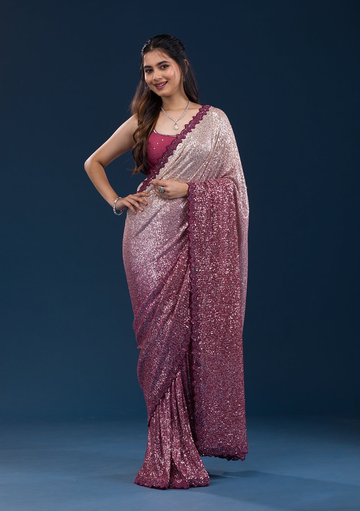 Koskii Maroon Sequins Georgette Saree – Women's