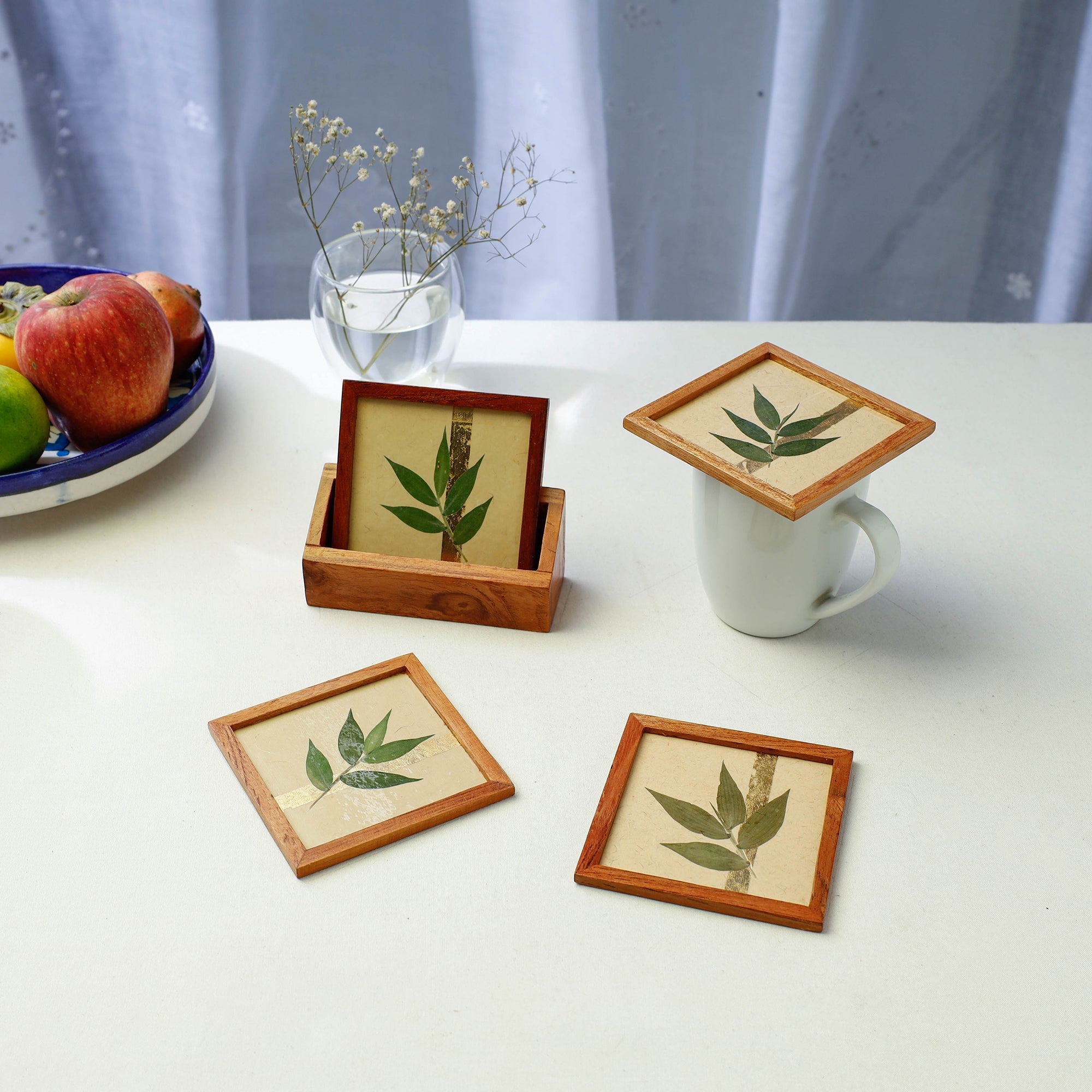 SHRADHANJALI - AN AUROVILLE UNIT Bamboo Art Work Wooden Square Coasters (Set of 4)