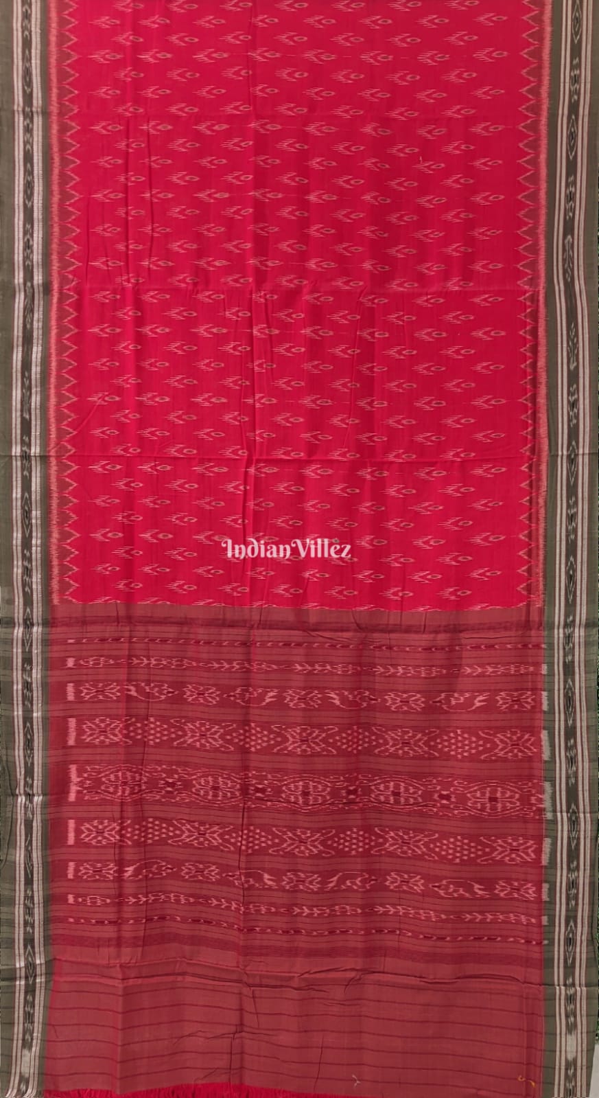 IndianVillèz Red Mayur Chandrika Maniabandha Cotton Saree