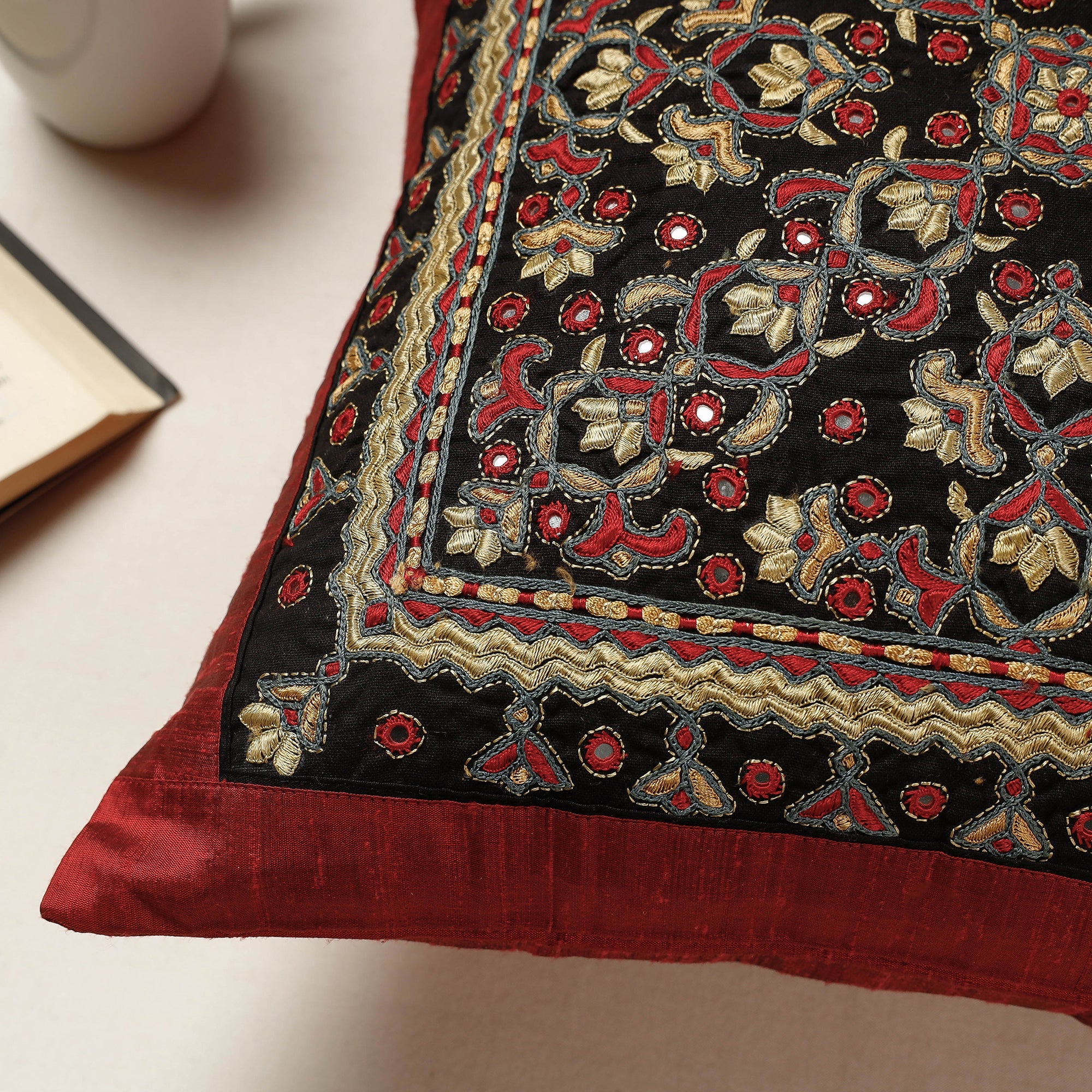 QASAB Black - Kutch Neran Hand Embroidered Silk Cushion Cover (16 x 16 in) - view 2