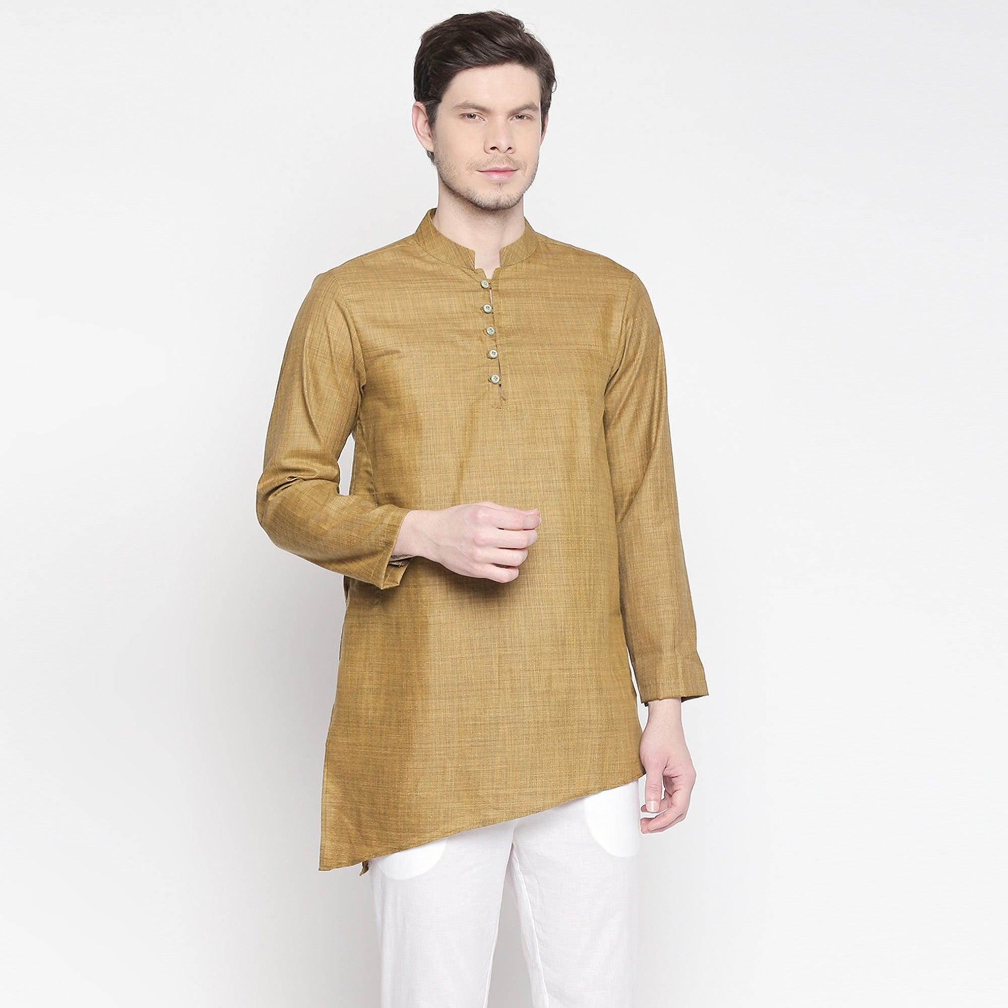 Peachmode Brown Solid Pure Cotton Kurta With Asymmetric Hem