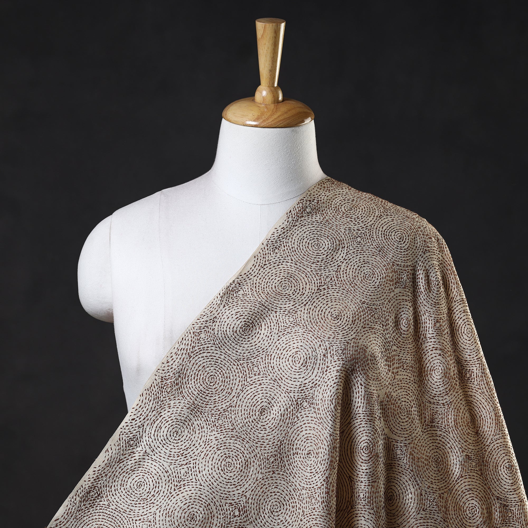 KHUSHBASH - HAPPY LOOM OF EAST Beige - Bengal Kantha Work Pure Tussar Silk Handloom Fabric