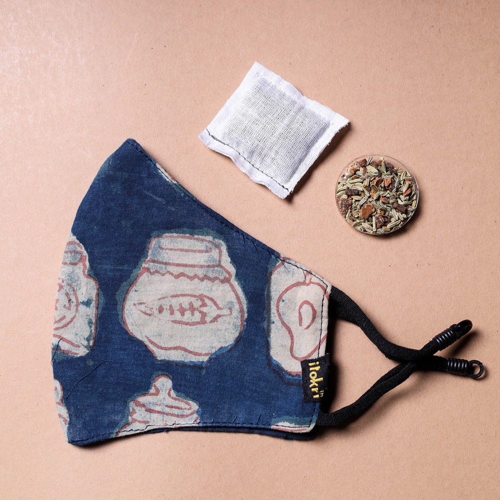 JALPARI Bindaas Block Printed Cotton 3 Layer Snug Fit Face Cover with Herb Pocket