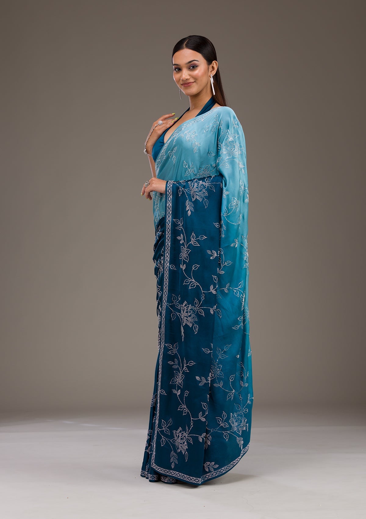 Koskii Turquoise Blue Stonework Satin Saree – Women's - view 3