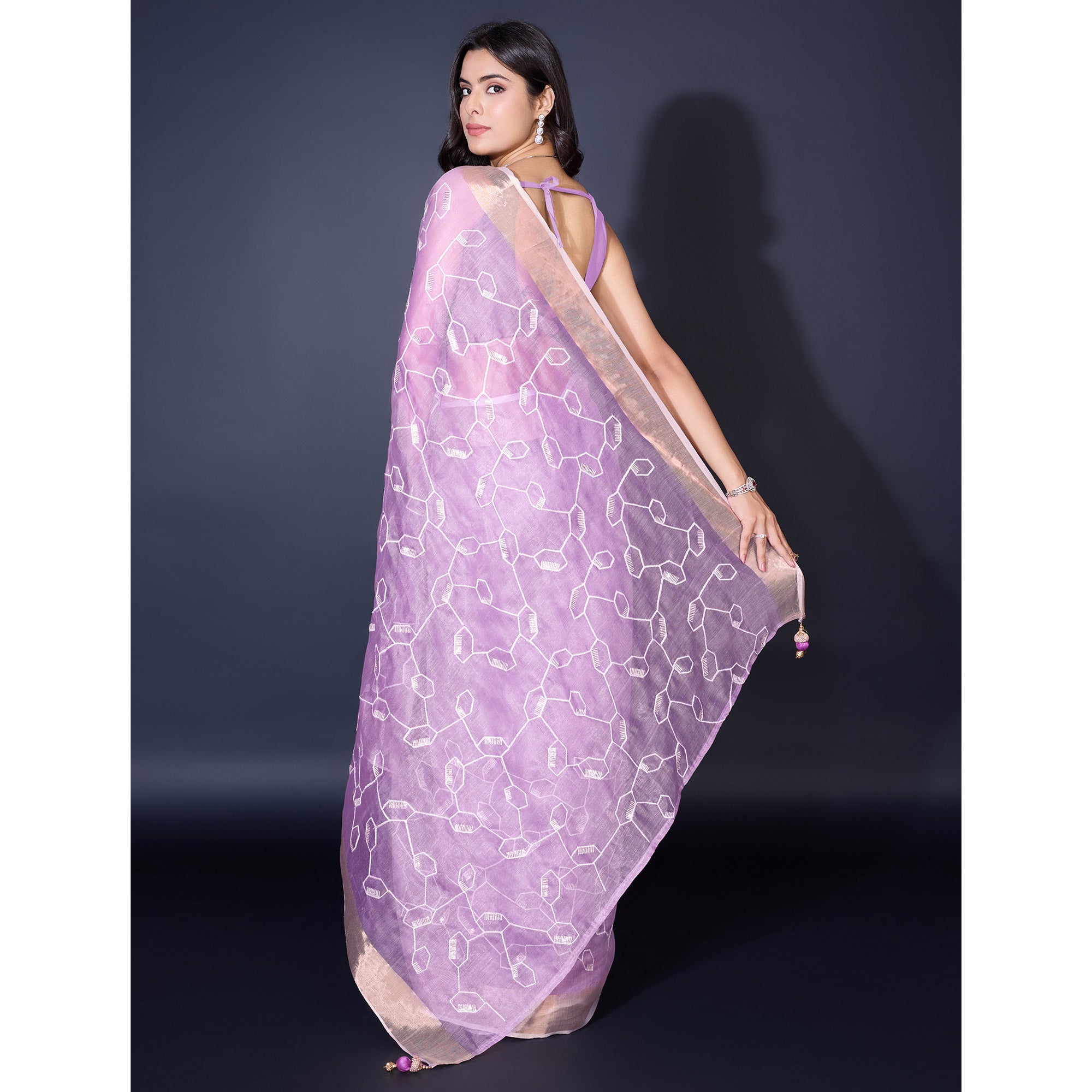 Peachmode Lavender Sequins Embroidered Cotton Silk Saree - view 6
