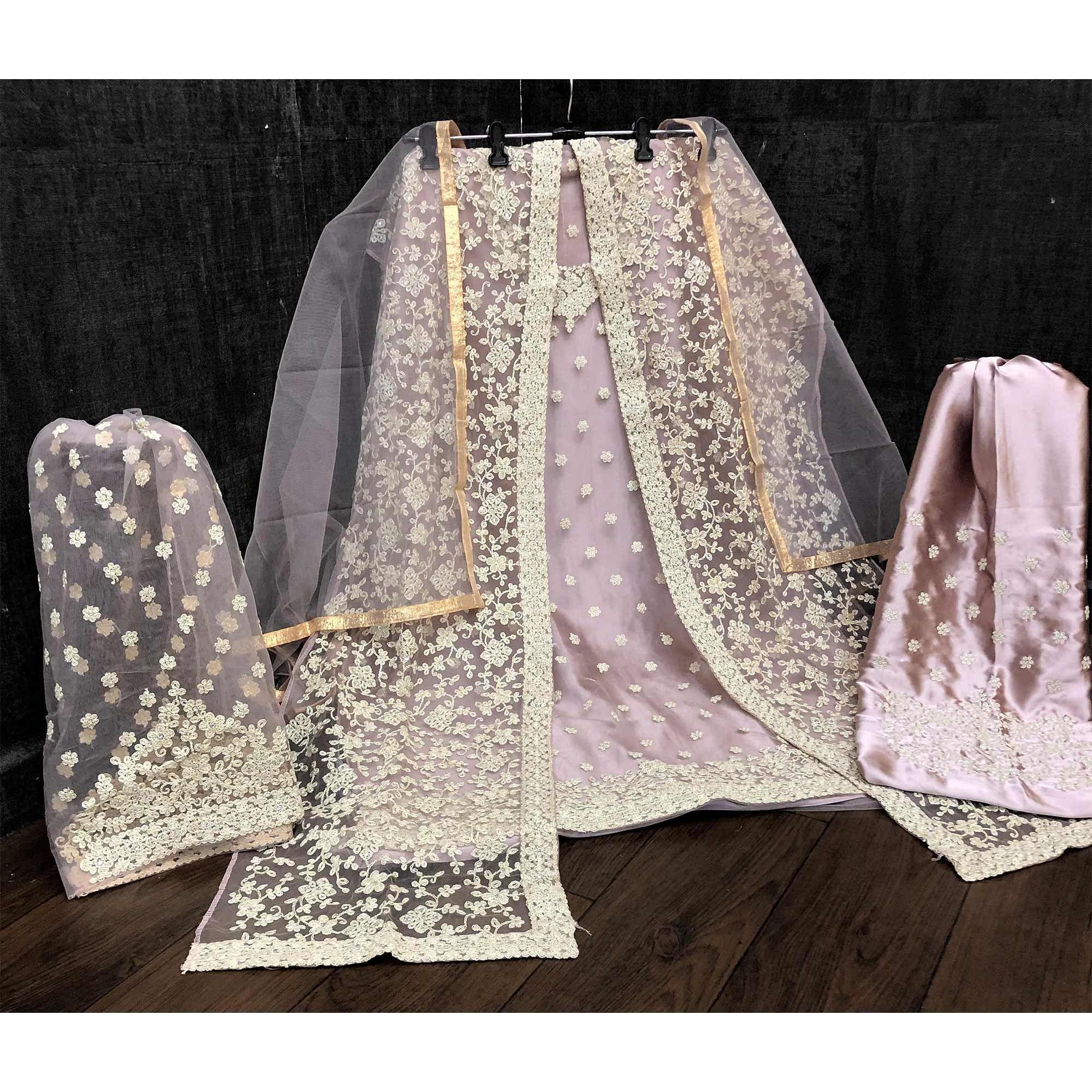 Peachmode Classy Beige Coloured Partywear Embroidered Butterfly Net Pakistani Straight Suit - view 4