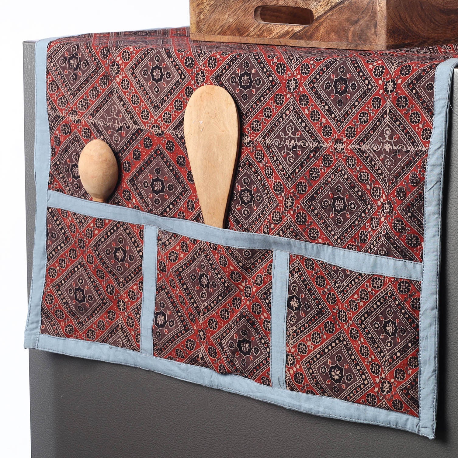 JALPARI Ajrakh Block Printed Cotton Fridge Top Cover with Multiple Pockets - view 2