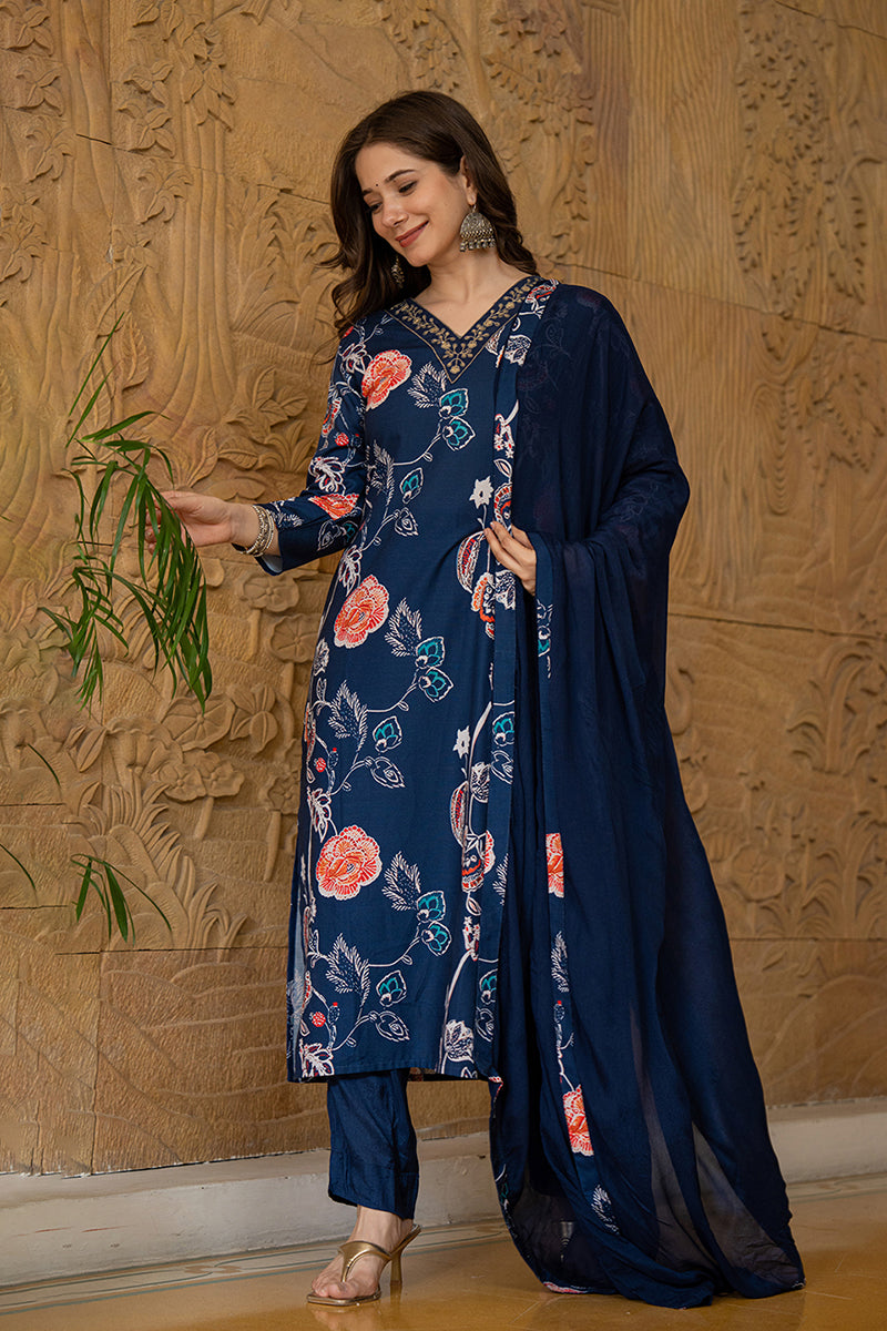 Ahika Blue Rayon Blend Floral Printed Straight Suit Set PKSKD2469 - view 3