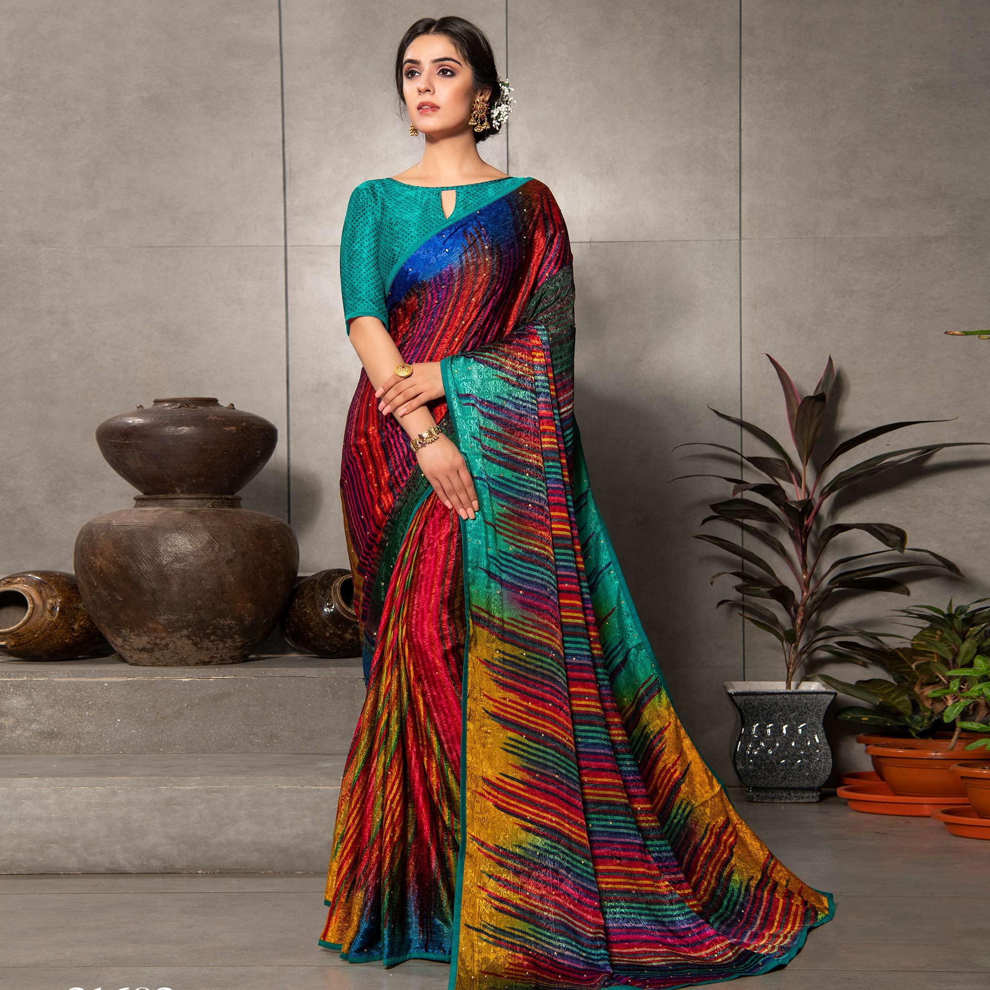 Peachmode Energetic Red - Multi Colored Partywear Printed Silk Crape Saree