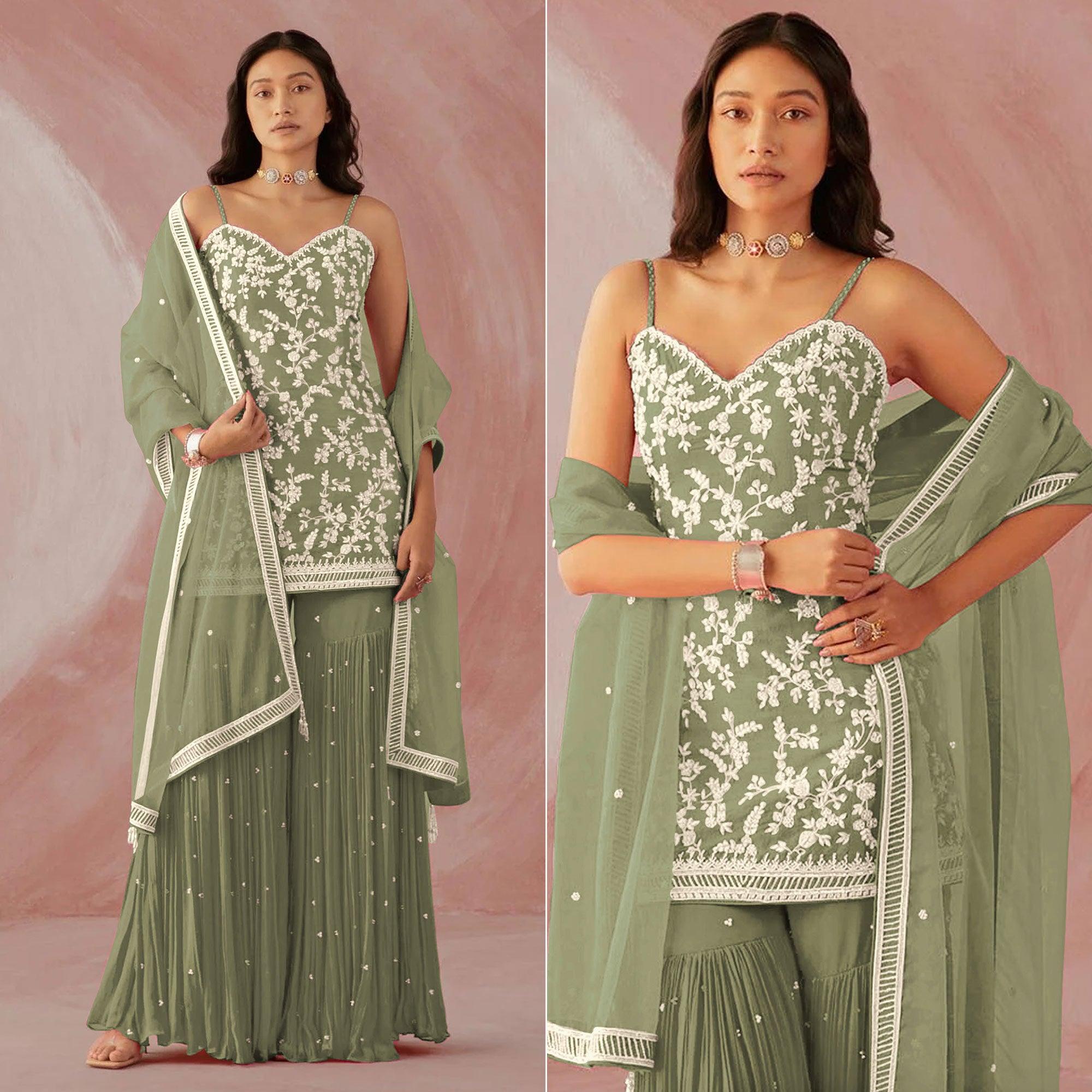 Peachmode Mehndi Green Floral Sequins Embroidered Georgette Sharara Suit