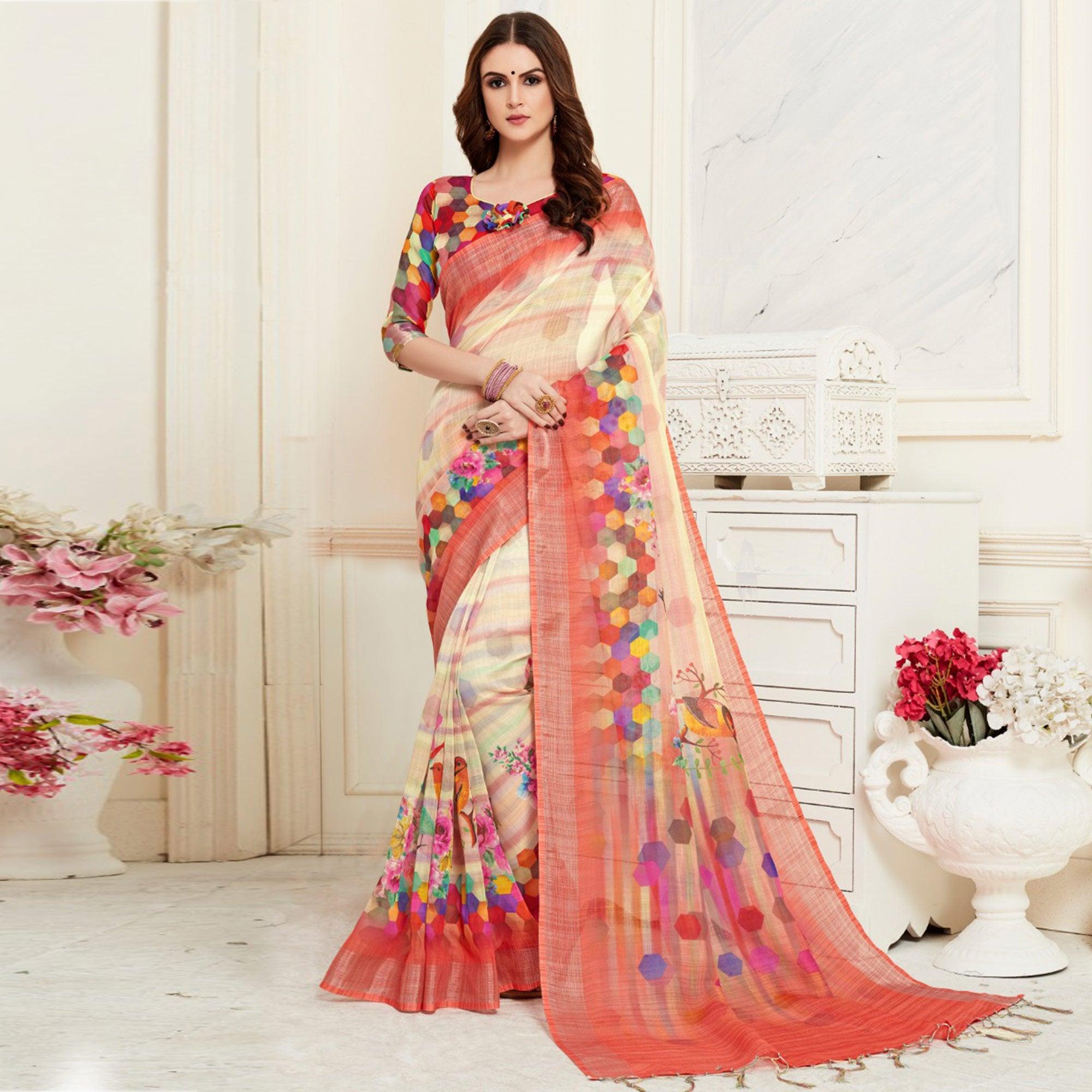 Peachmode Exclusive Cream Colored Casual Digital Printed Linen Saree