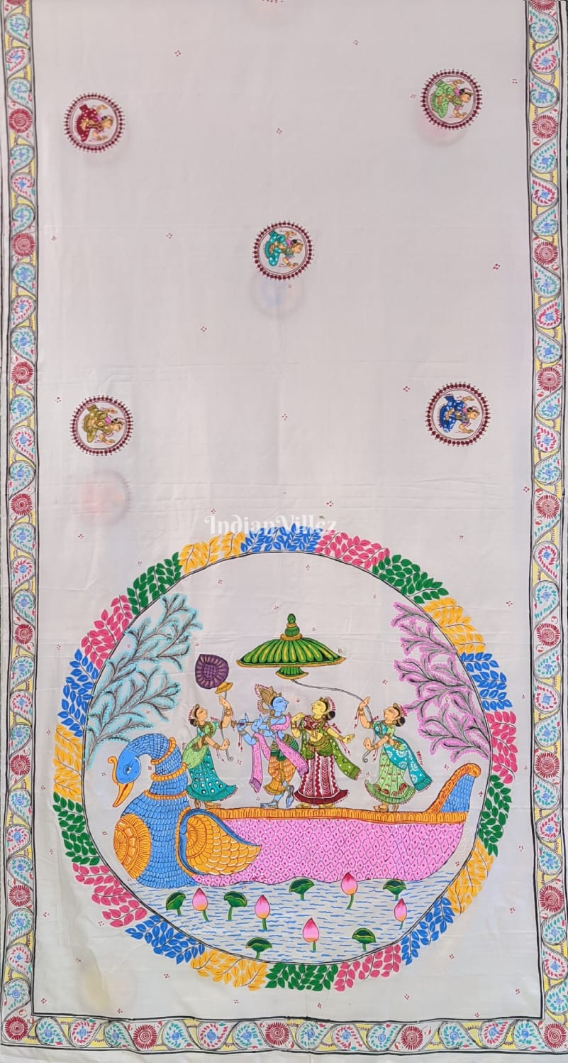 IndianVillèz White Radha Krishna Boita Themed Pattachitra Saree