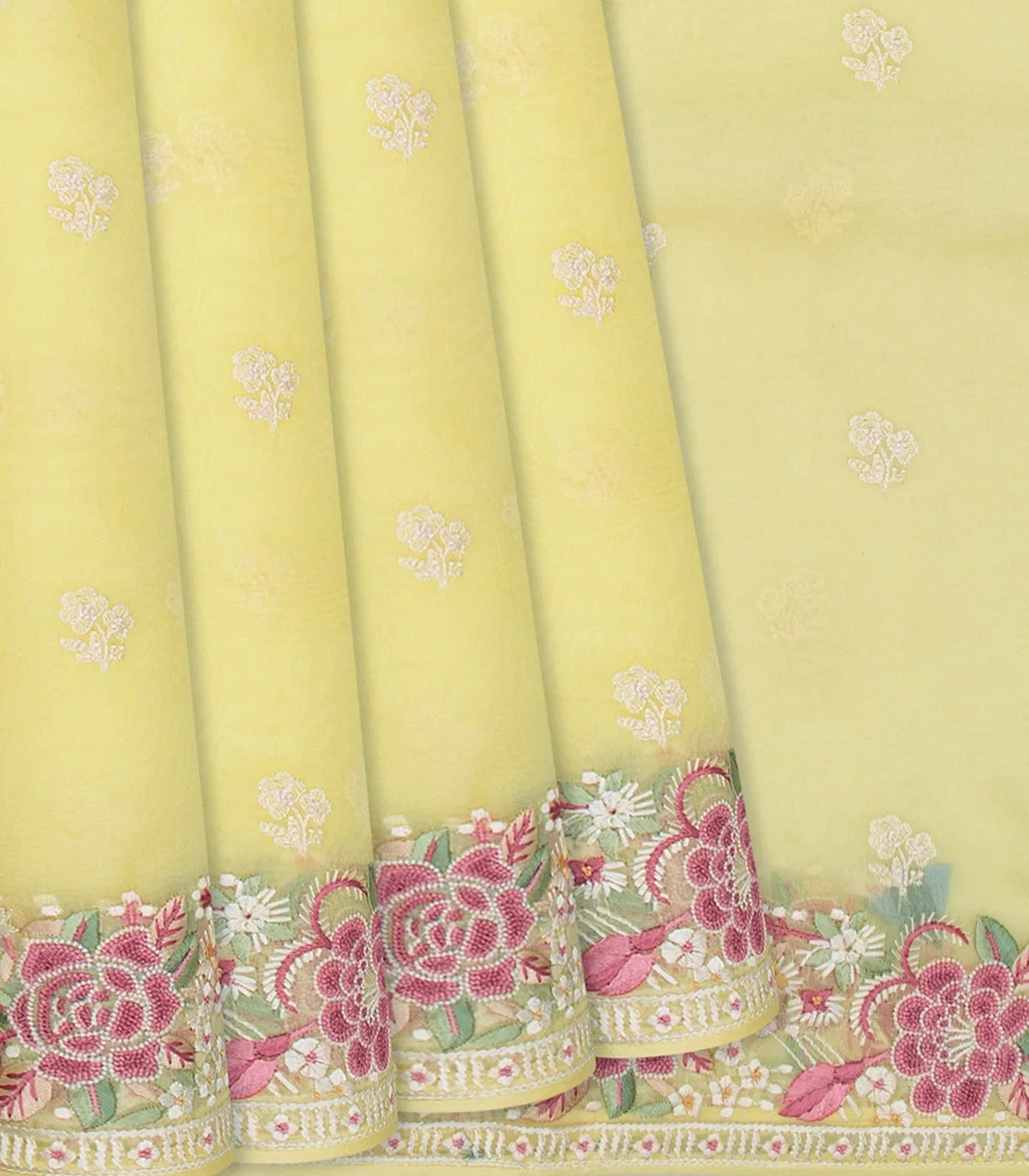 RmKV Light Yellow Organza Silk Saree With Meena Embroidered Motifs-Yellow