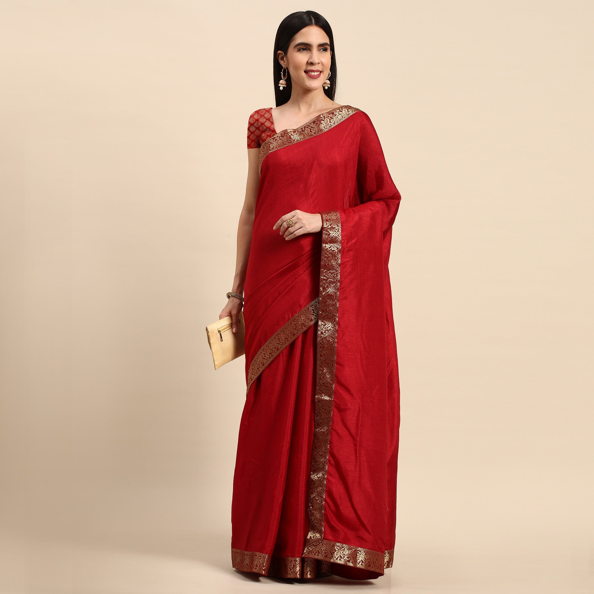 Peachmode Maroon Solid Vichitra Silk Saree With Fancy Zari Border - view 2