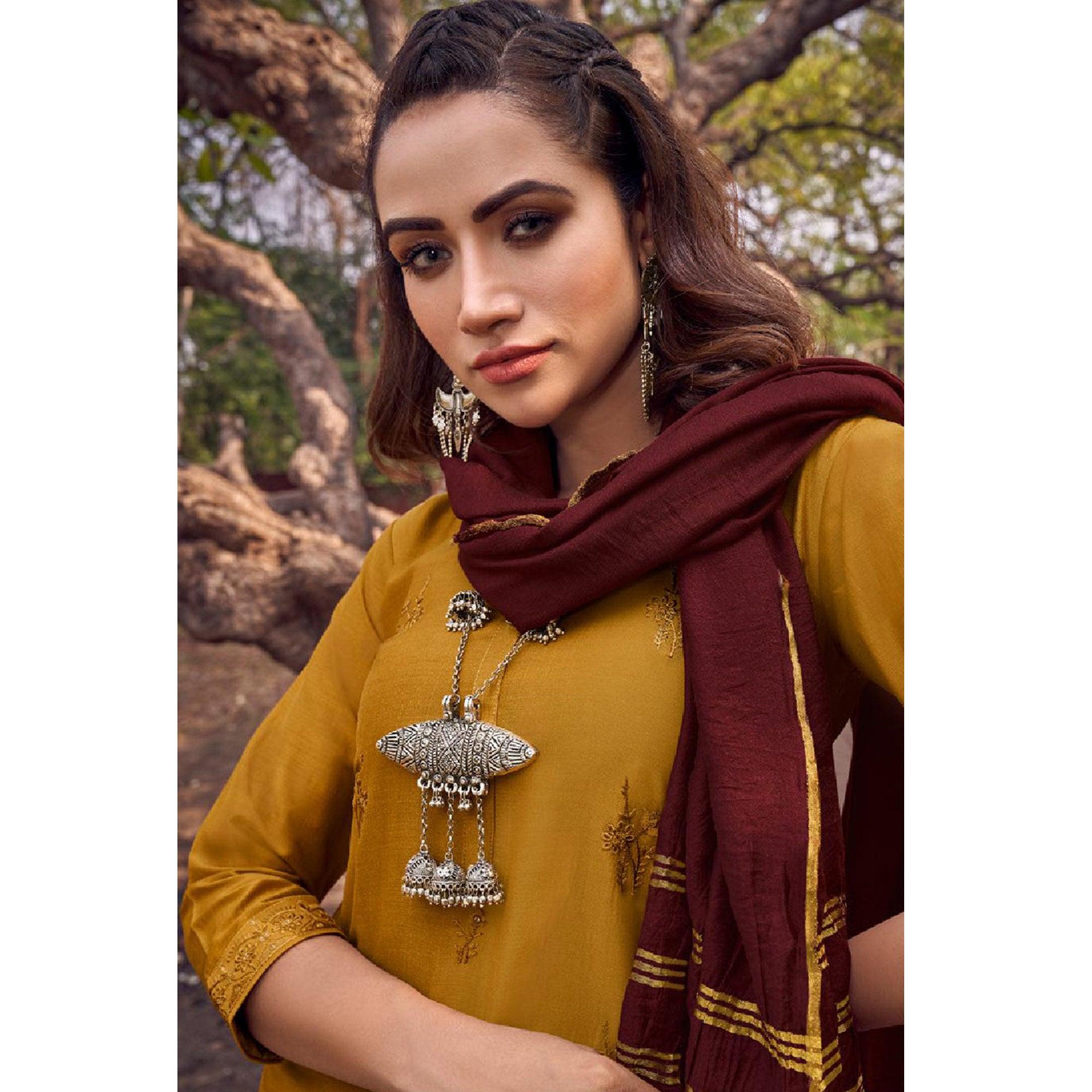 Peachmode Seller Exceptional Yellow Colored Partywear Embroidered Cotton Silk Straight Suit - view 2