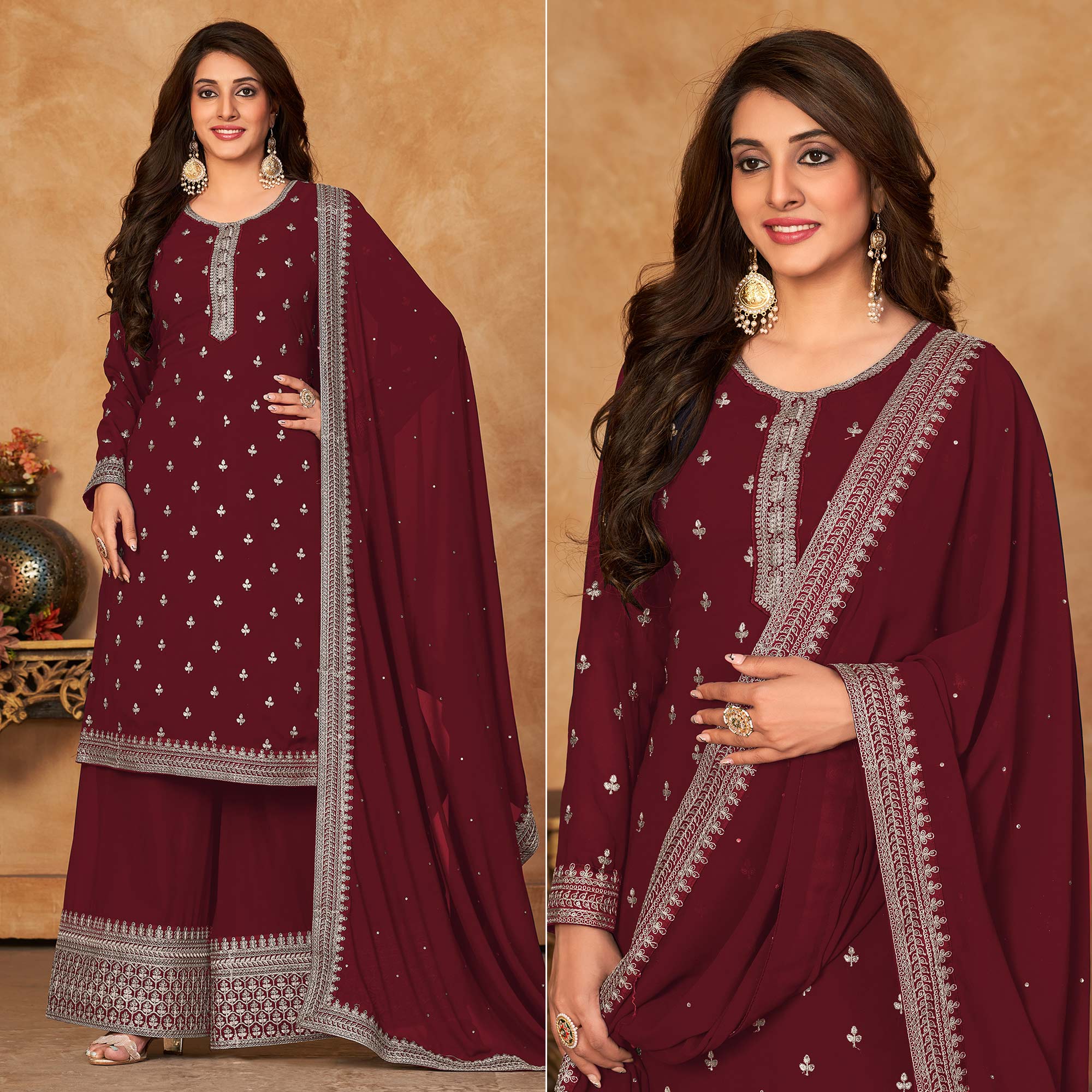 Peachmode Maroon Floral Embroidered Georgette Semi Stitched Suit