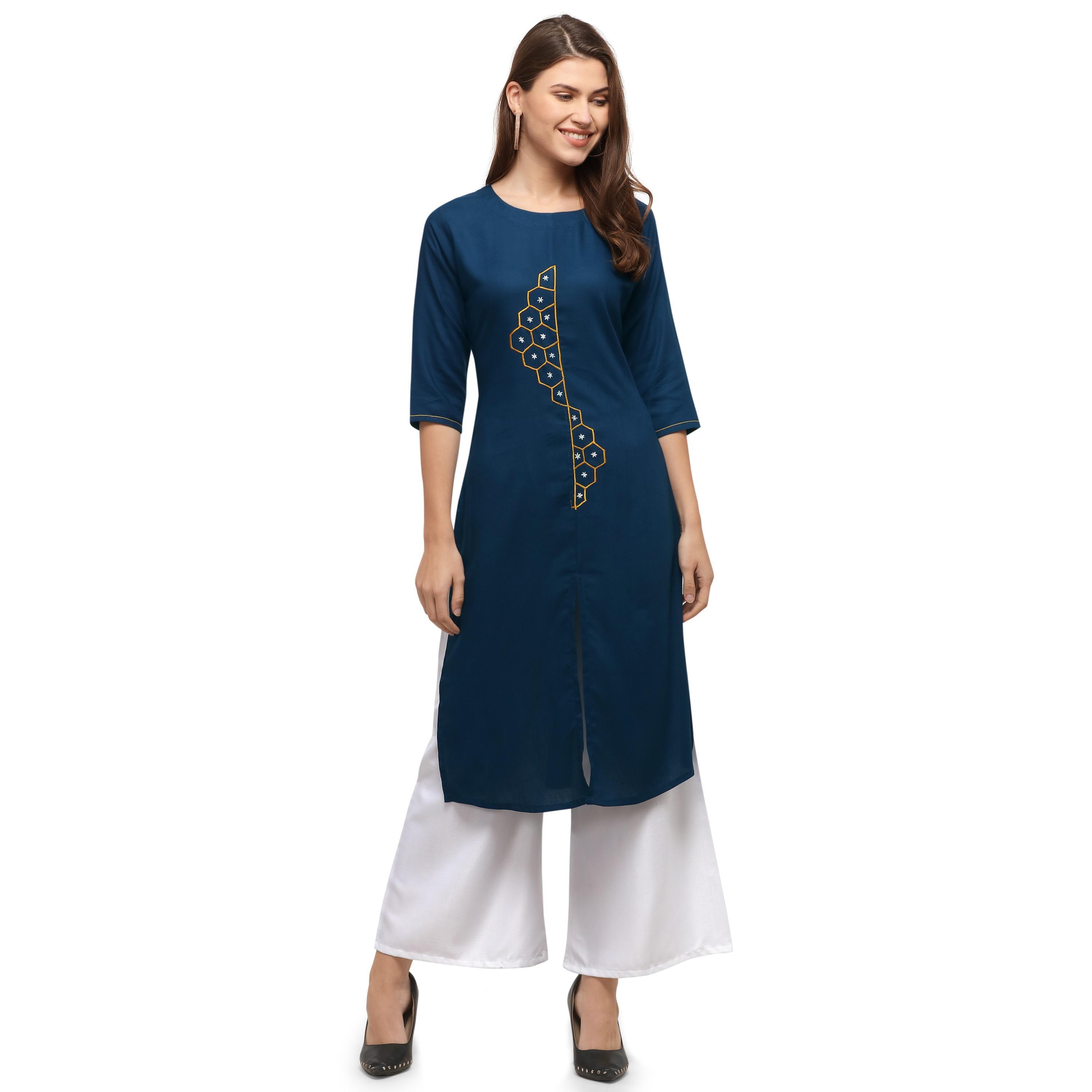 Peachmode Seller Desirable Sky Blue Colored Casual Wear Embroidered Rayon Kurti With Palazzo