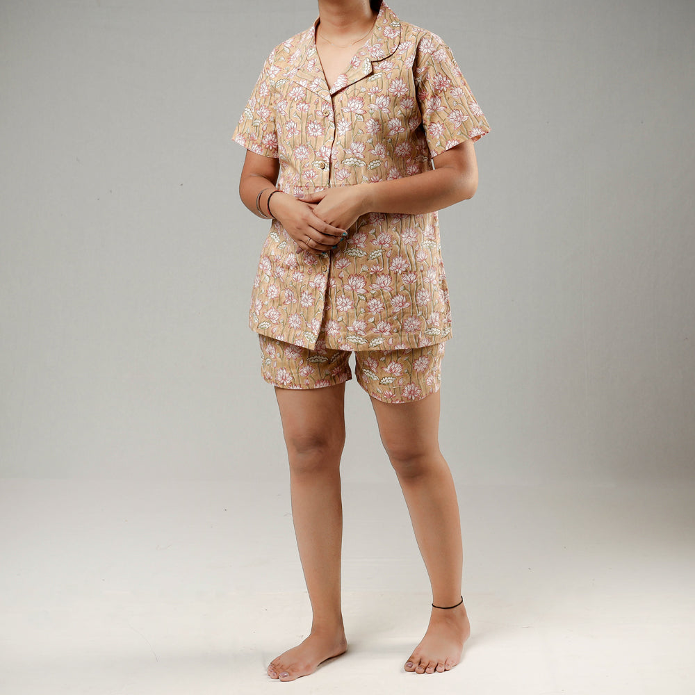 ITOKRI CASUALS Beige - Sanganeri Block Printed Cotton Night Suit