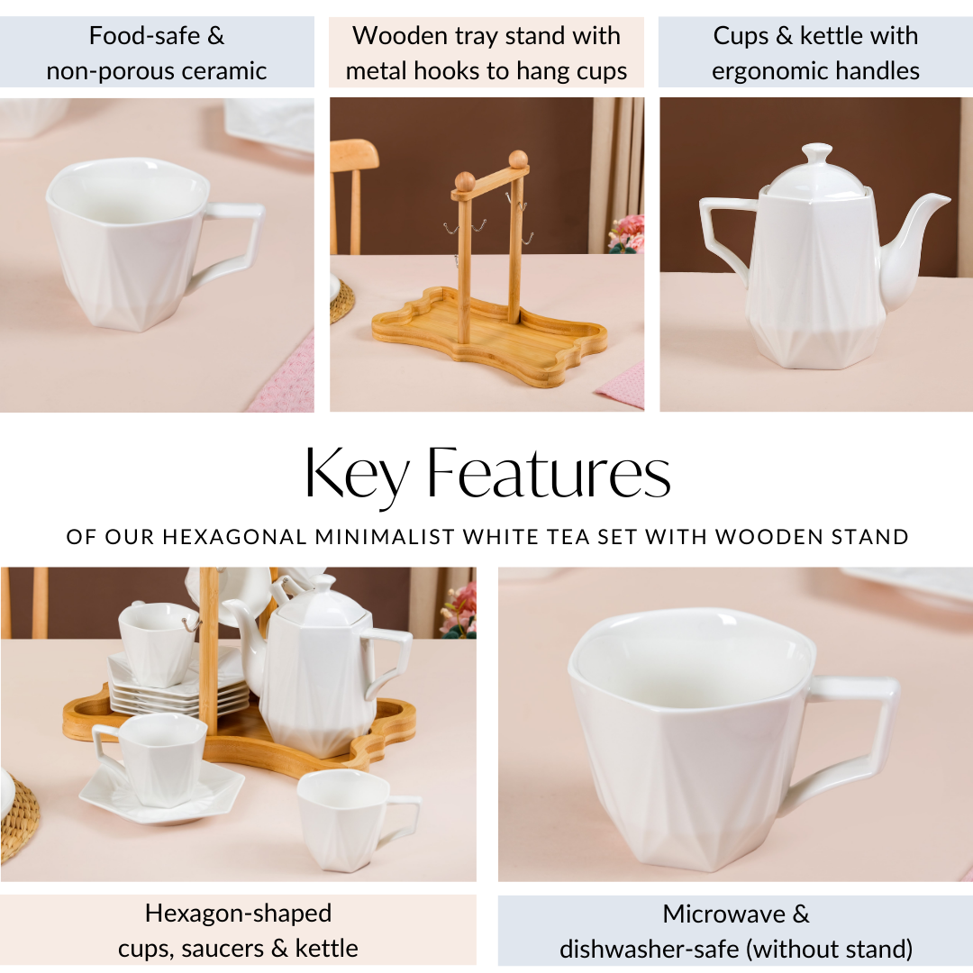 Nestasia Hexagonal Minimalist White Tea Set With Wooden Stand - view 5