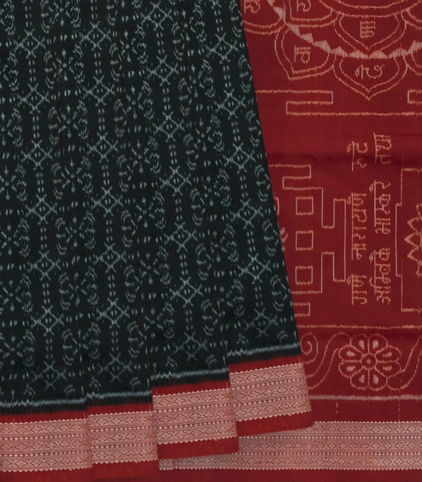 RmKV Black Handloom Orissa Silk Saree With Floral Motifs & Crimson Border-Black