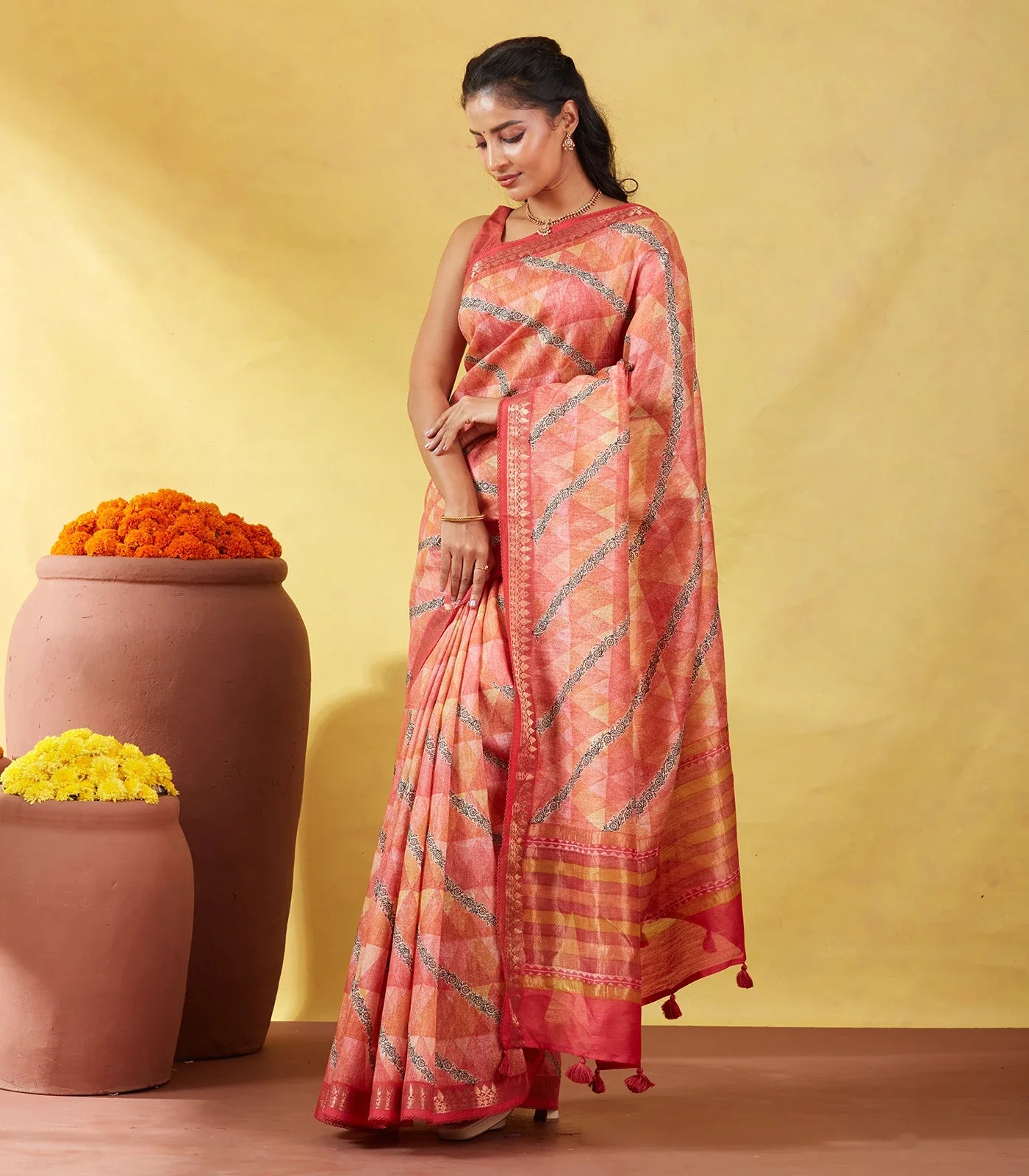 RmKV Dark Peach Handloom Tussar Silk Saree Printed With Geometric & Floral Motifs - view 2