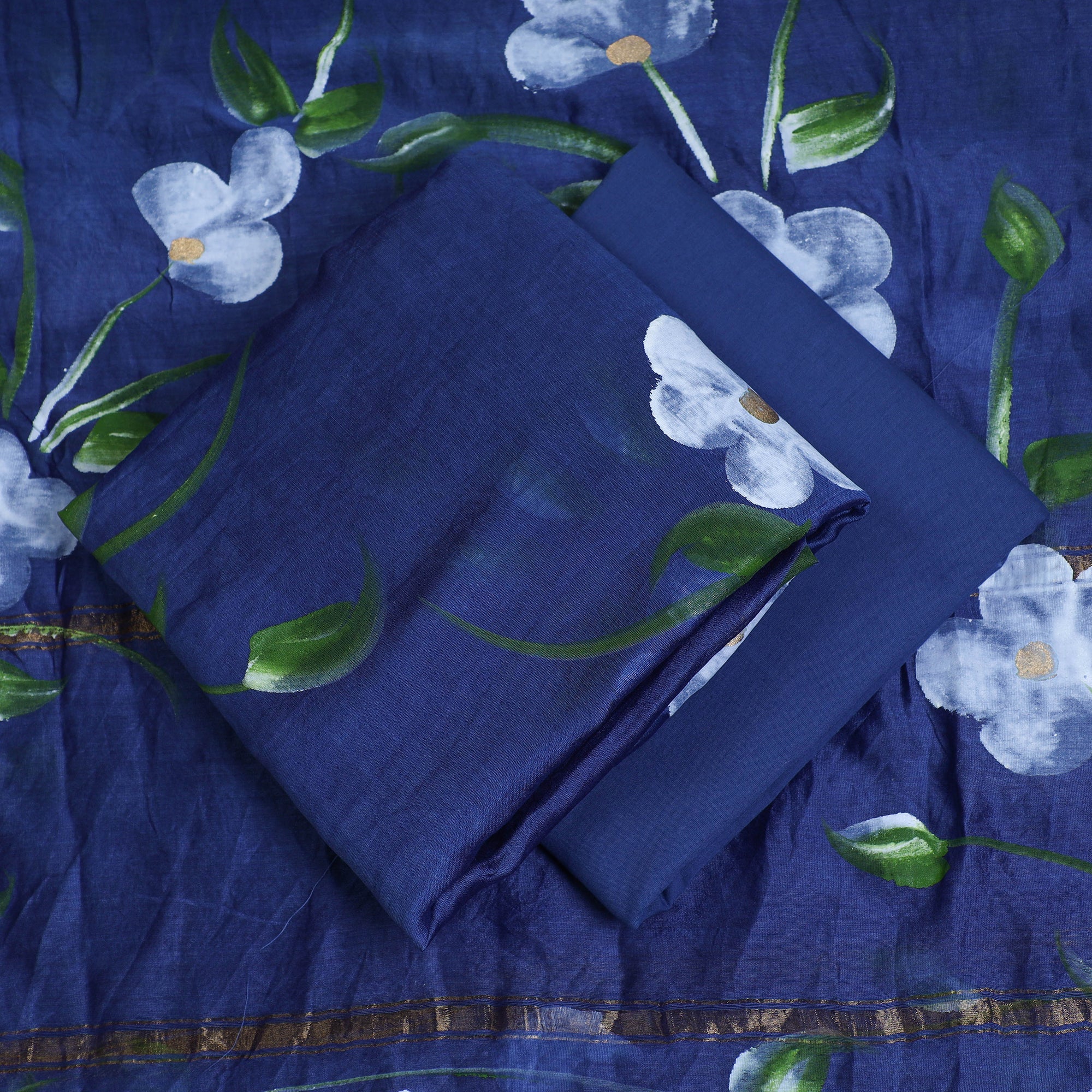 KUSUMLATA Blue - 3pc Hand Painted Chanderi Silk Suit Material Set 02 - view 2