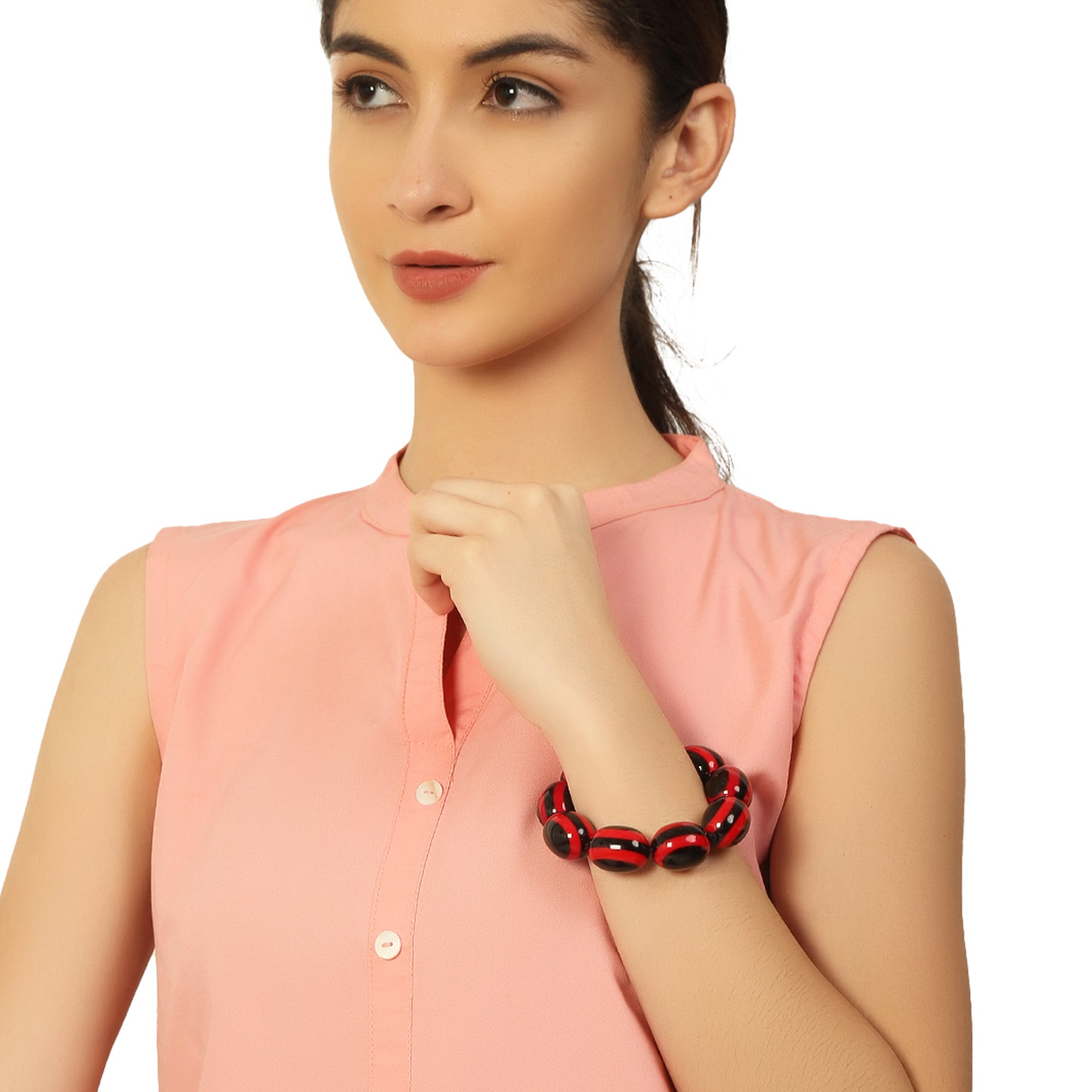 Black & Red Stone Stretchable Bracelet by Bamboo Tree Jewels - view 2