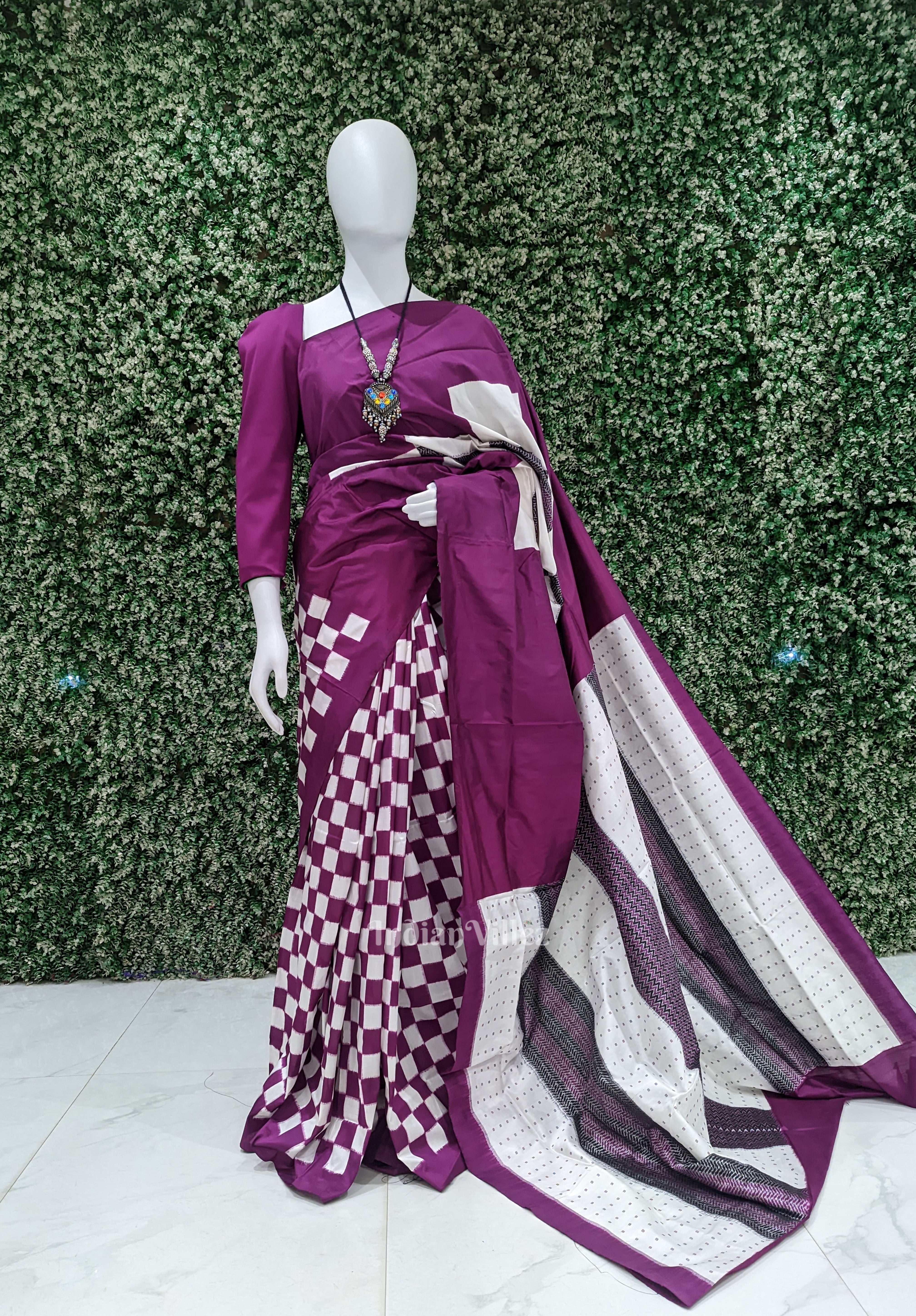 IndianVillèz Black White & Purple Odisha Ikat Pasapali Sambalpuri Silk Saree