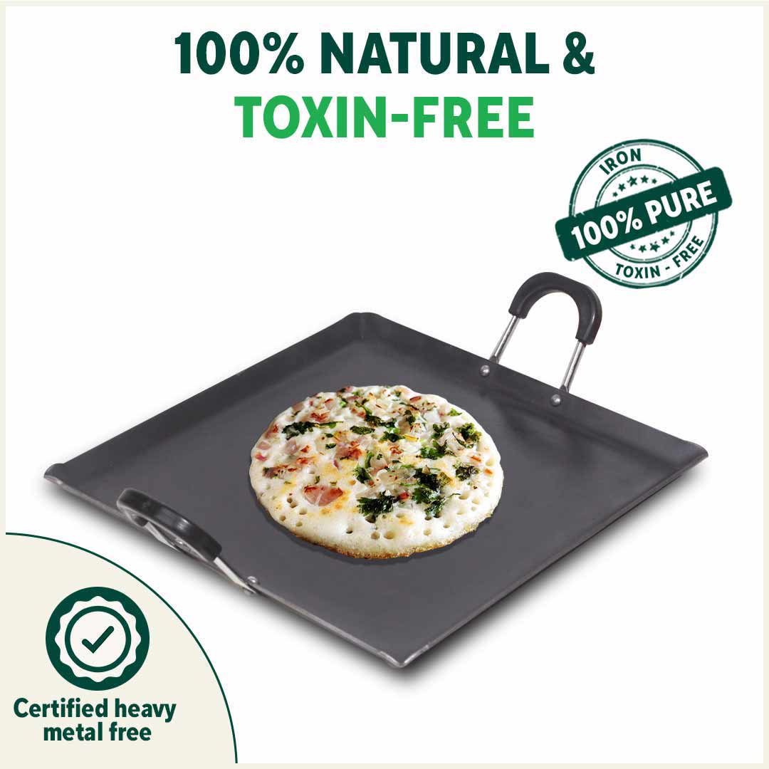 The Indus Valley 100% Pure Sheet Iron Tawa, Square, Cool Bakelite Handle, Seasoned, Toxin-free, Induction, 29.5cm, 1.88kg - view 5